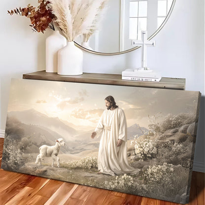 Canvas faith wall art showing Jesus with a lamb in a mountainous landscape by Tailored Canvases on Tampa Home & Garden Store