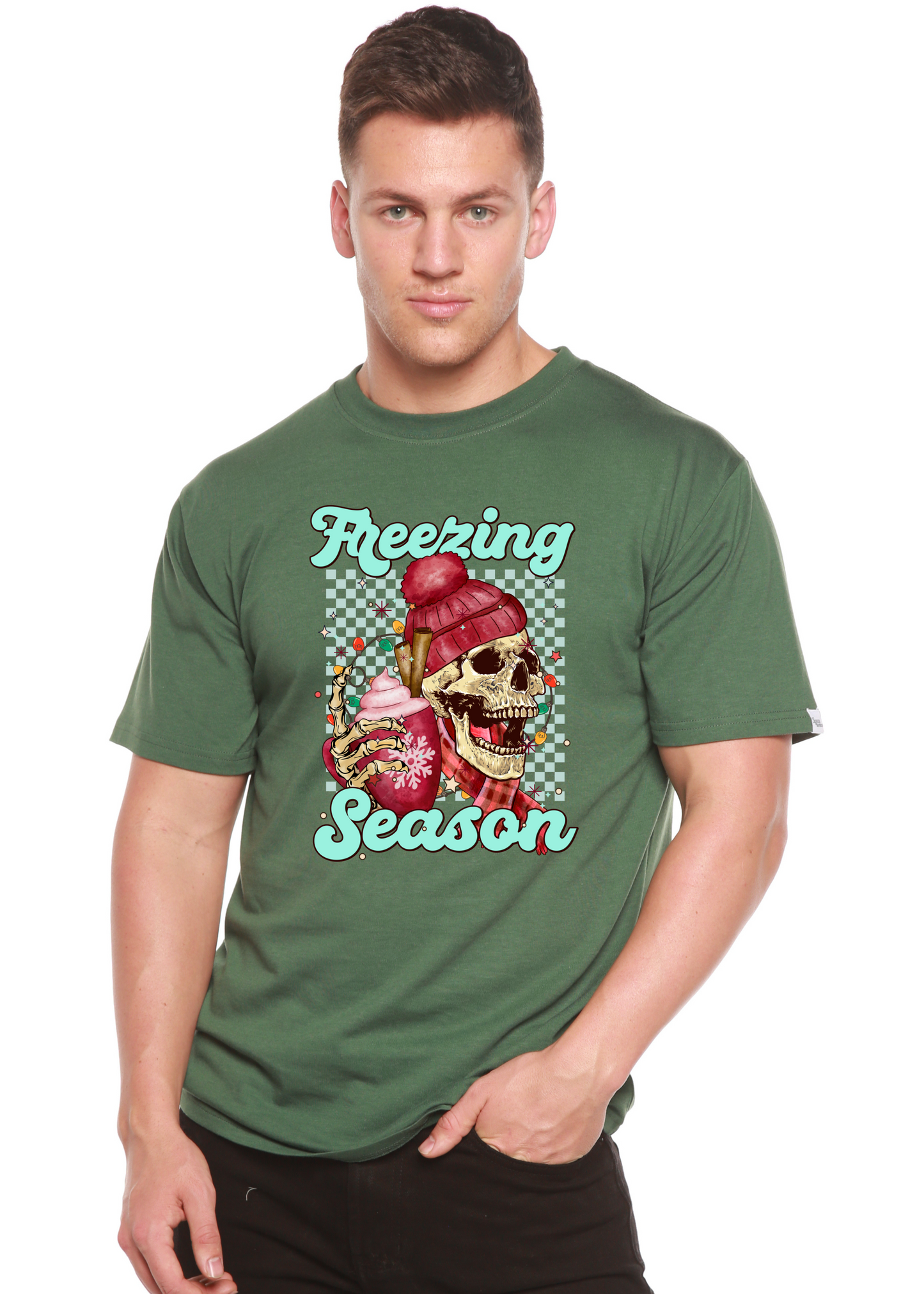 Freezing Season unisex bamboo tee olive green with skull winter graphic Spun Bamboo on Tampa Home & Garden Store