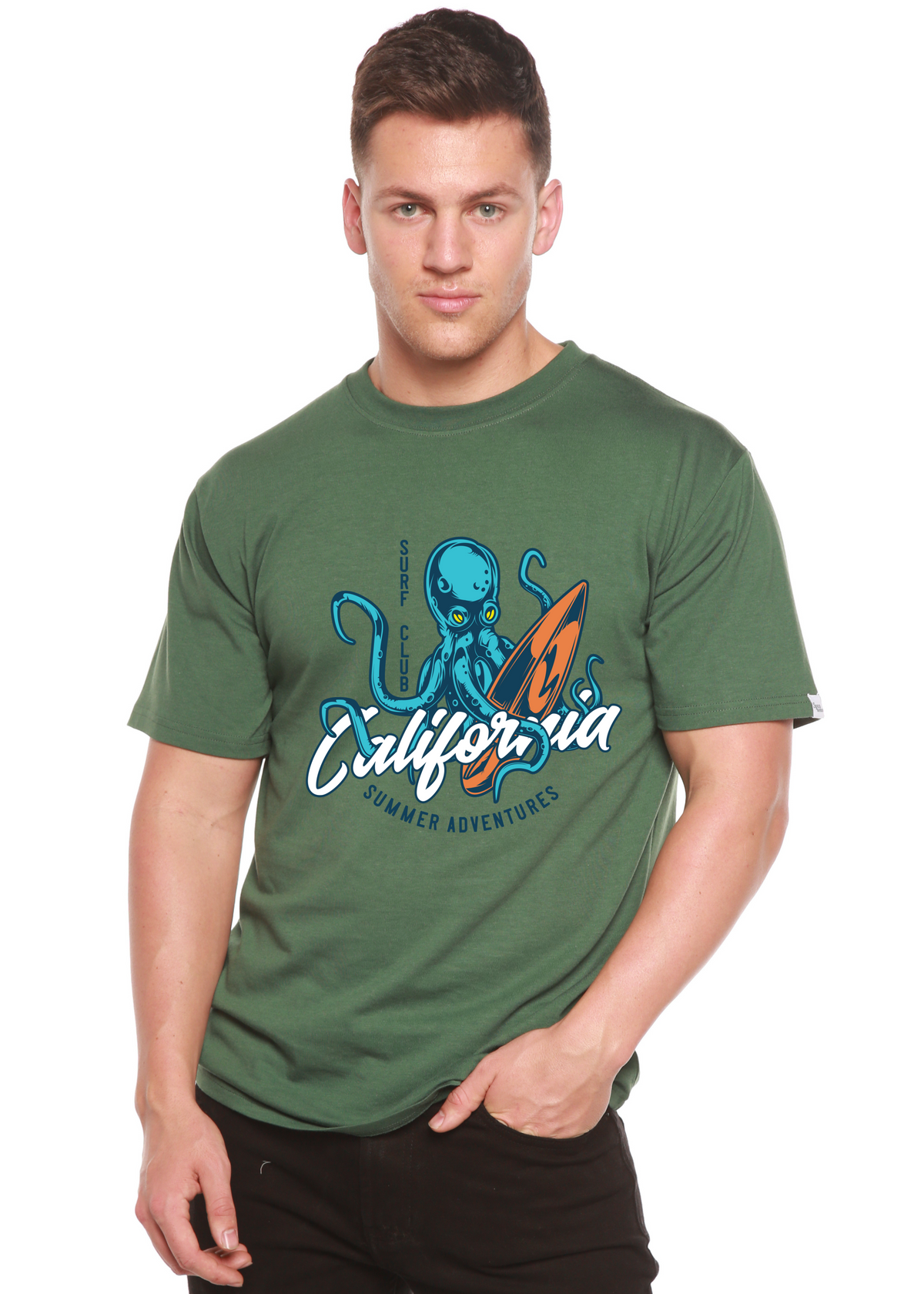 Men's California Summer Adventures graphic tee bamboo viscose cotton blue octopus Spun Bamboo on Tampa Home & Garden Store