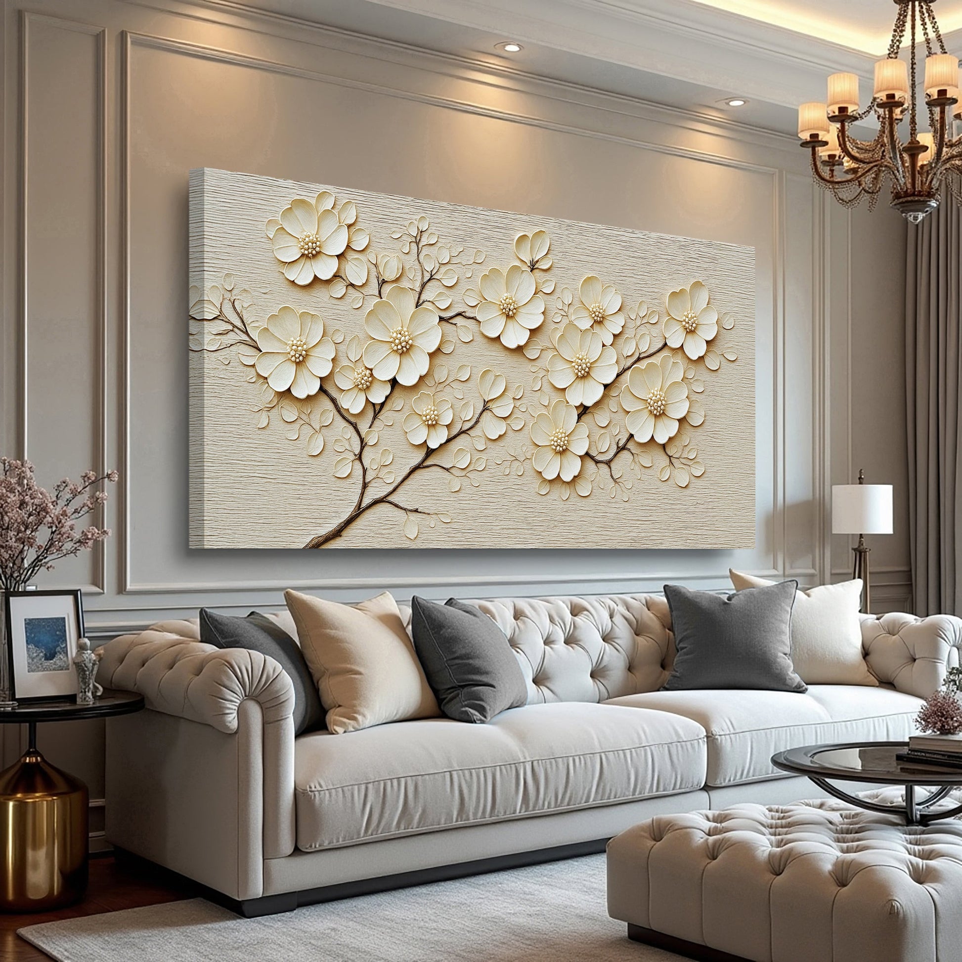 Minimalist Wall Art VIII canvas with ivory flowers on textured beige background on Tampa Home & Garden Store