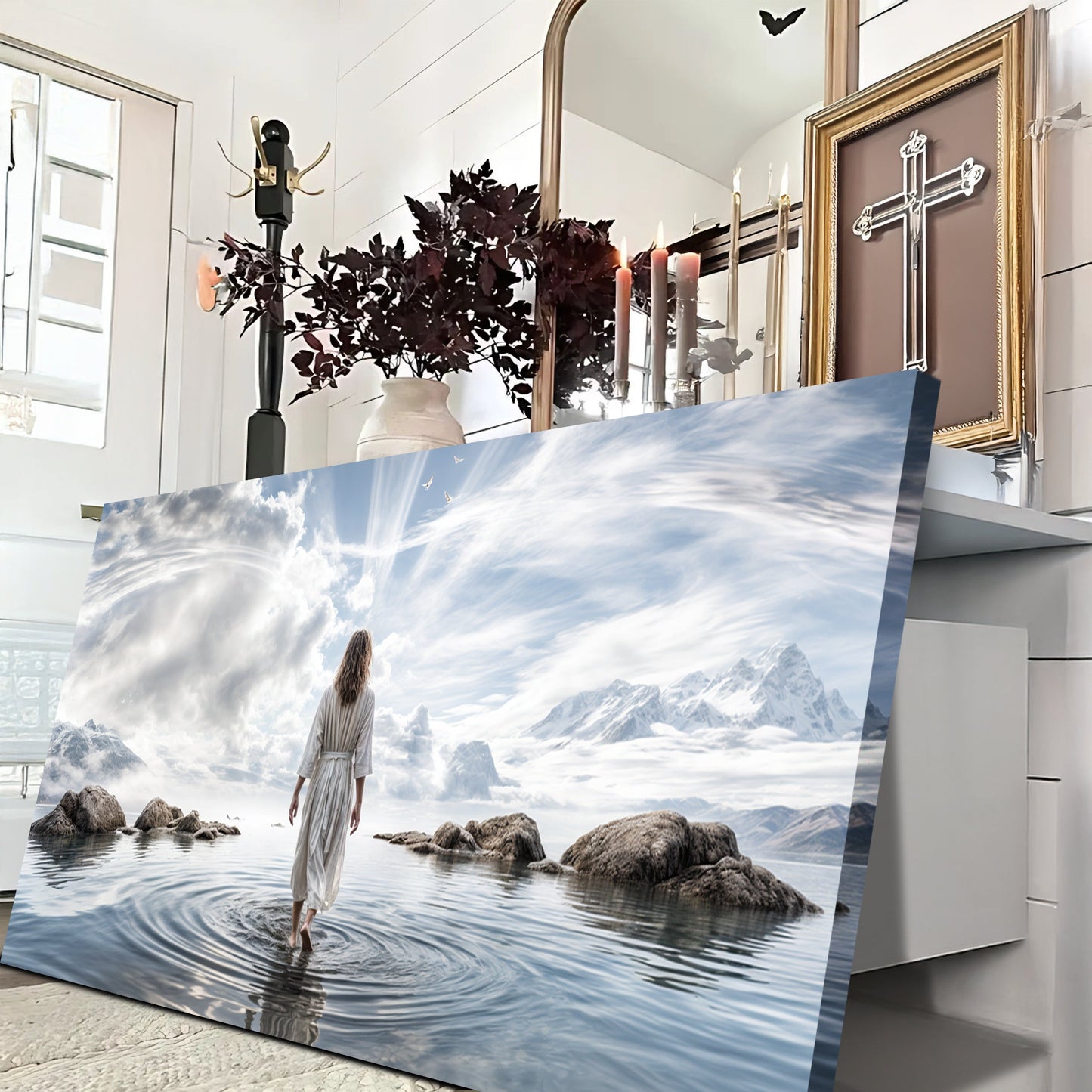 Reflections Faith Wall Art X canvas by Tailored Canvases, serene seascape with lone woman on Tampa Home & Garden Store