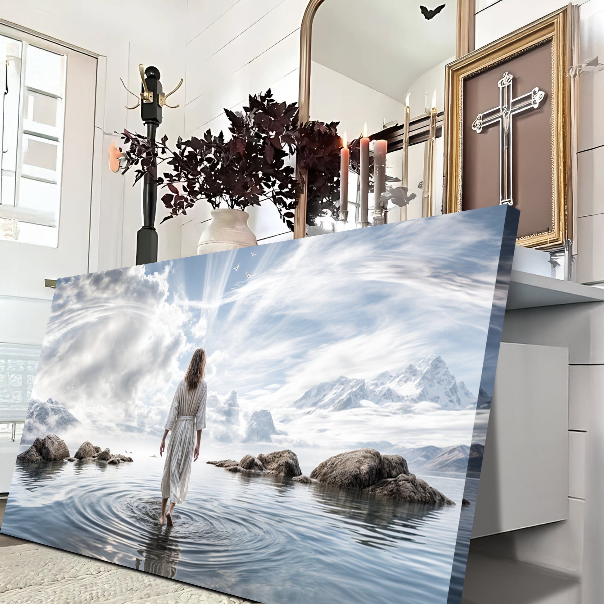 Reflections Faith Wall Art X canvas by Tailored Canvases, serene seascape with lone woman on Tampa Home & Garden Store