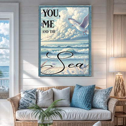 You Me and the Sea Coastal Sign IV canvas with teal frame featuring seagull and ocean waves on Tampa Home & Garden Store