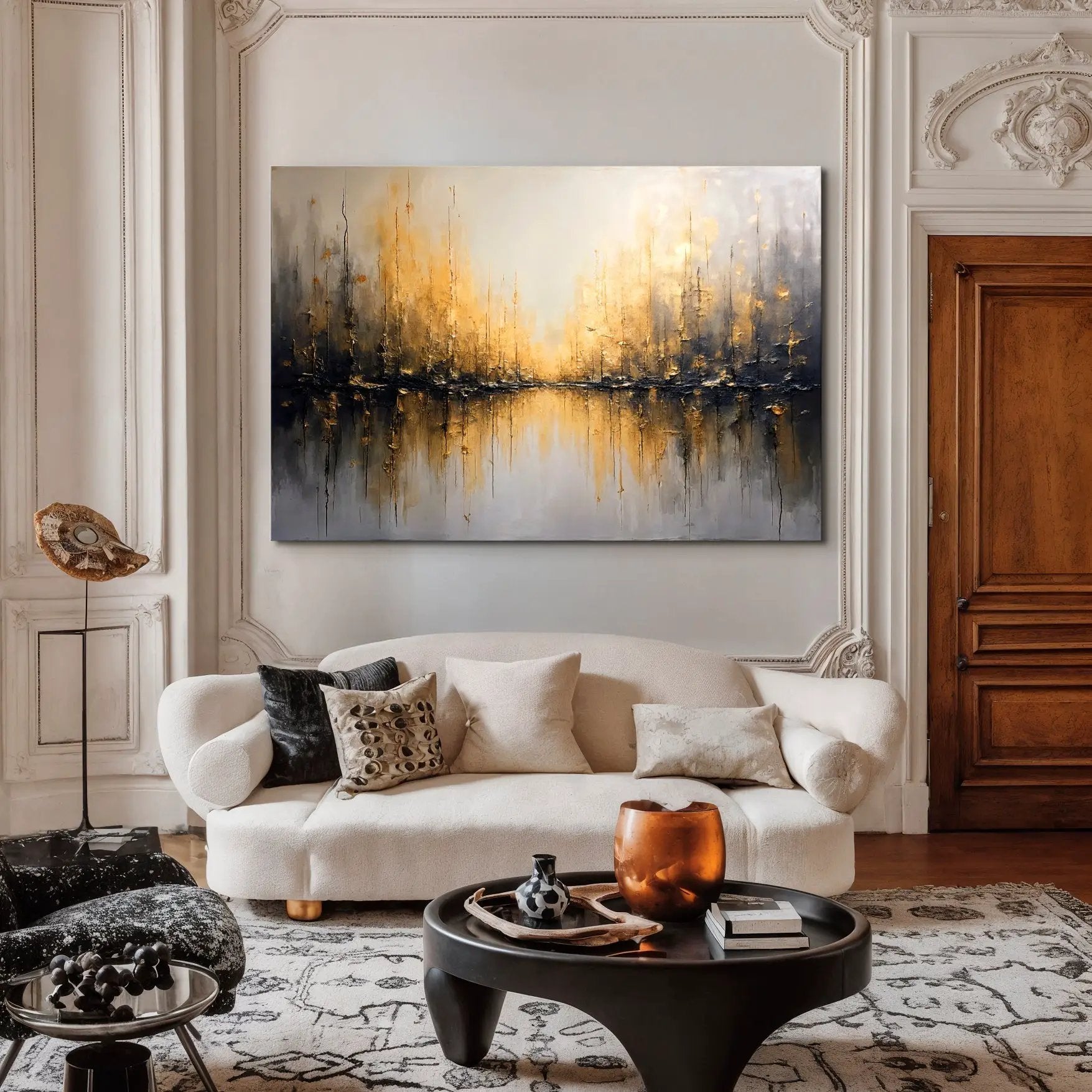 Golden Reflections Abstract Wall Art canvas with gold accents on gray-blue tones and water reflection on Tampa Home & Garden Store