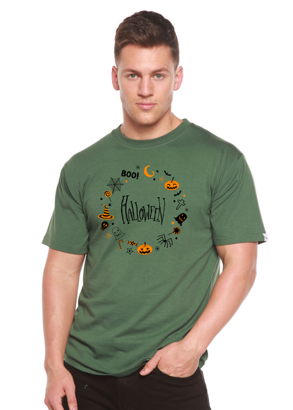Spun Bamboo Bool Halloween men's green bamboo viscose/organic cotton graphic tee with pumpkin icons on Tampa Home & Garden Store