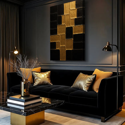 Contemporary Black and Gold Wall Art II canvas with square gold and black tiles on Tampa Home & Garden Store