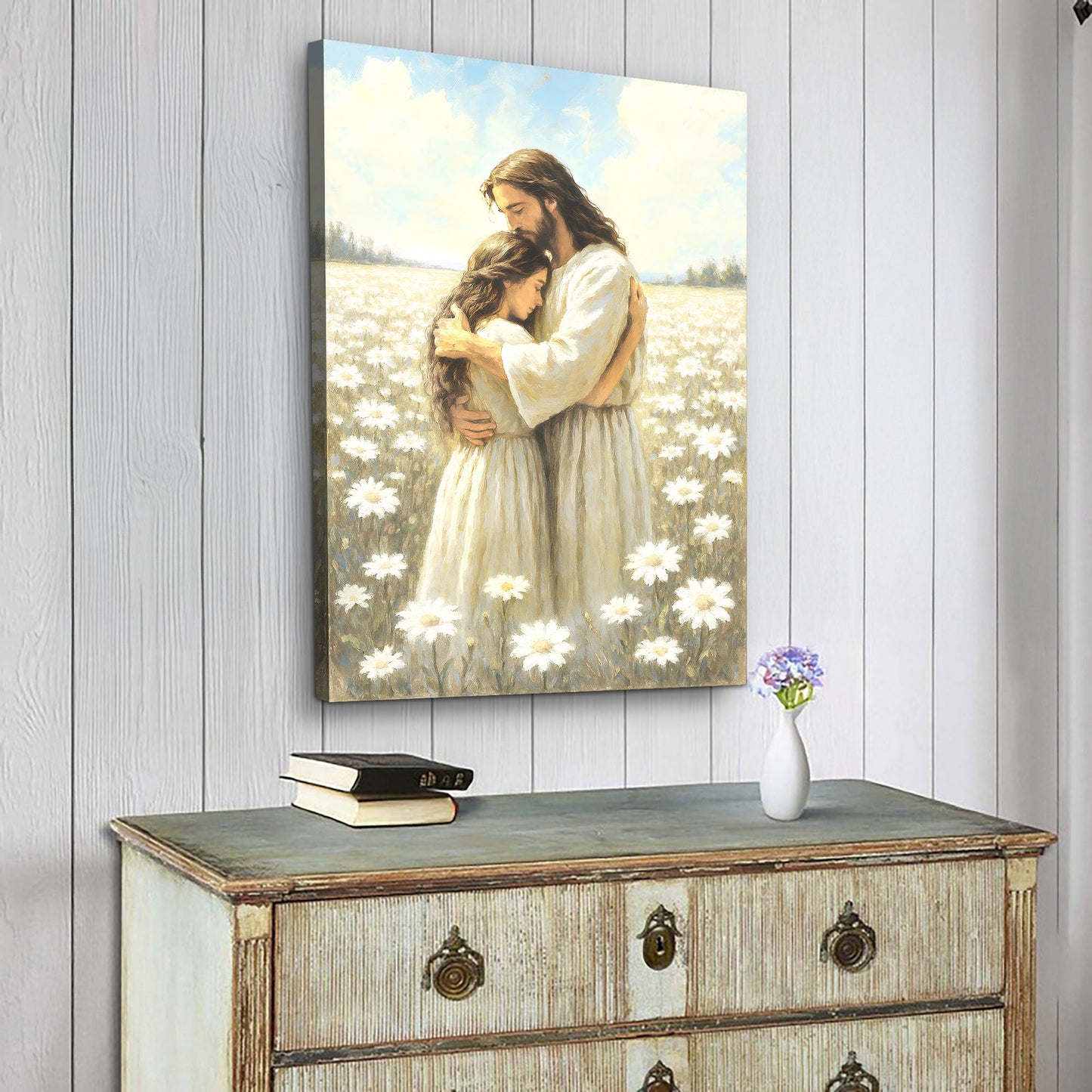Divine Embrace of Grace Faith Wall Art canvas pastoral scene with daisies in cream tones on Tampa Home & Garden Store
