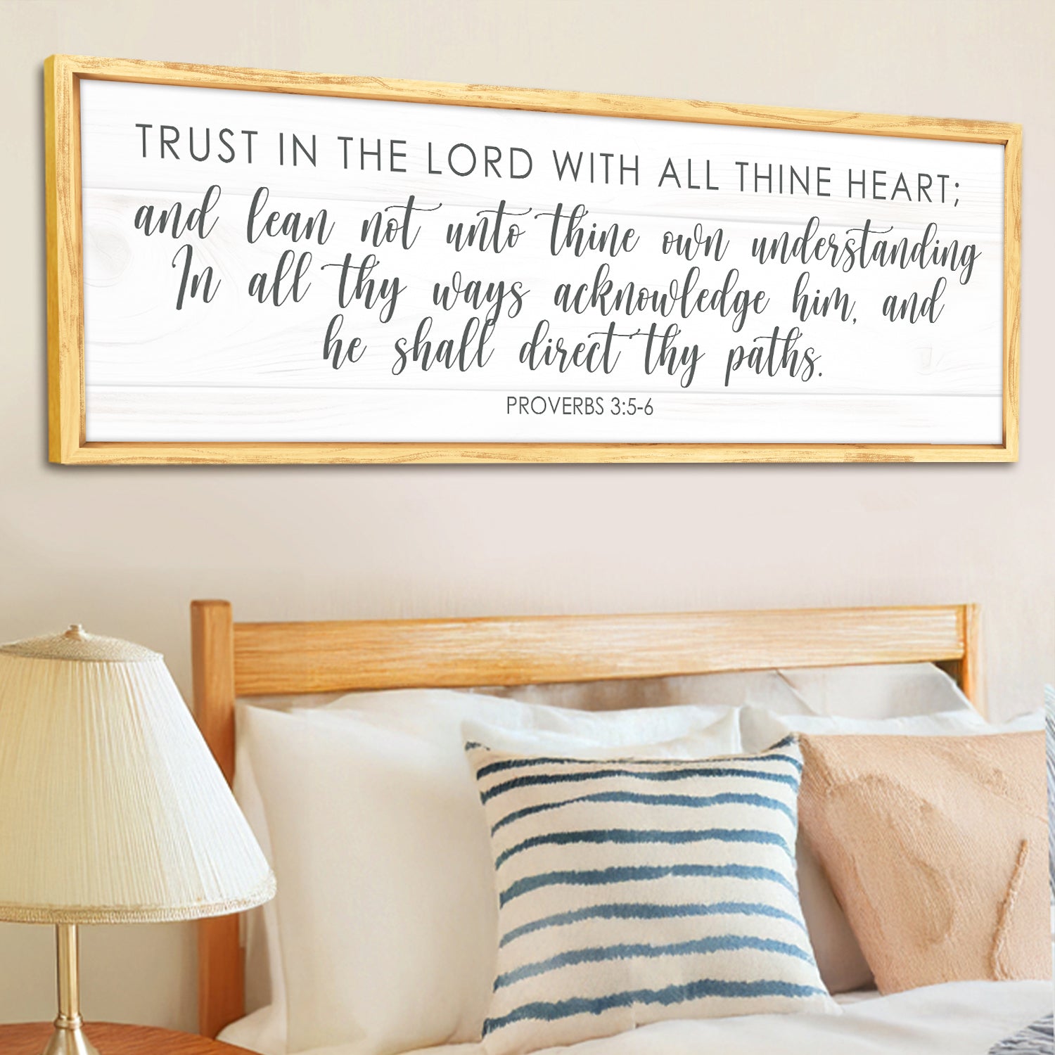 Proverbs 3:5-6 Trust In The Lord With All Your Heart Faith Sign canvas with whitewashed wood frame on Tampa Home & Garden Store