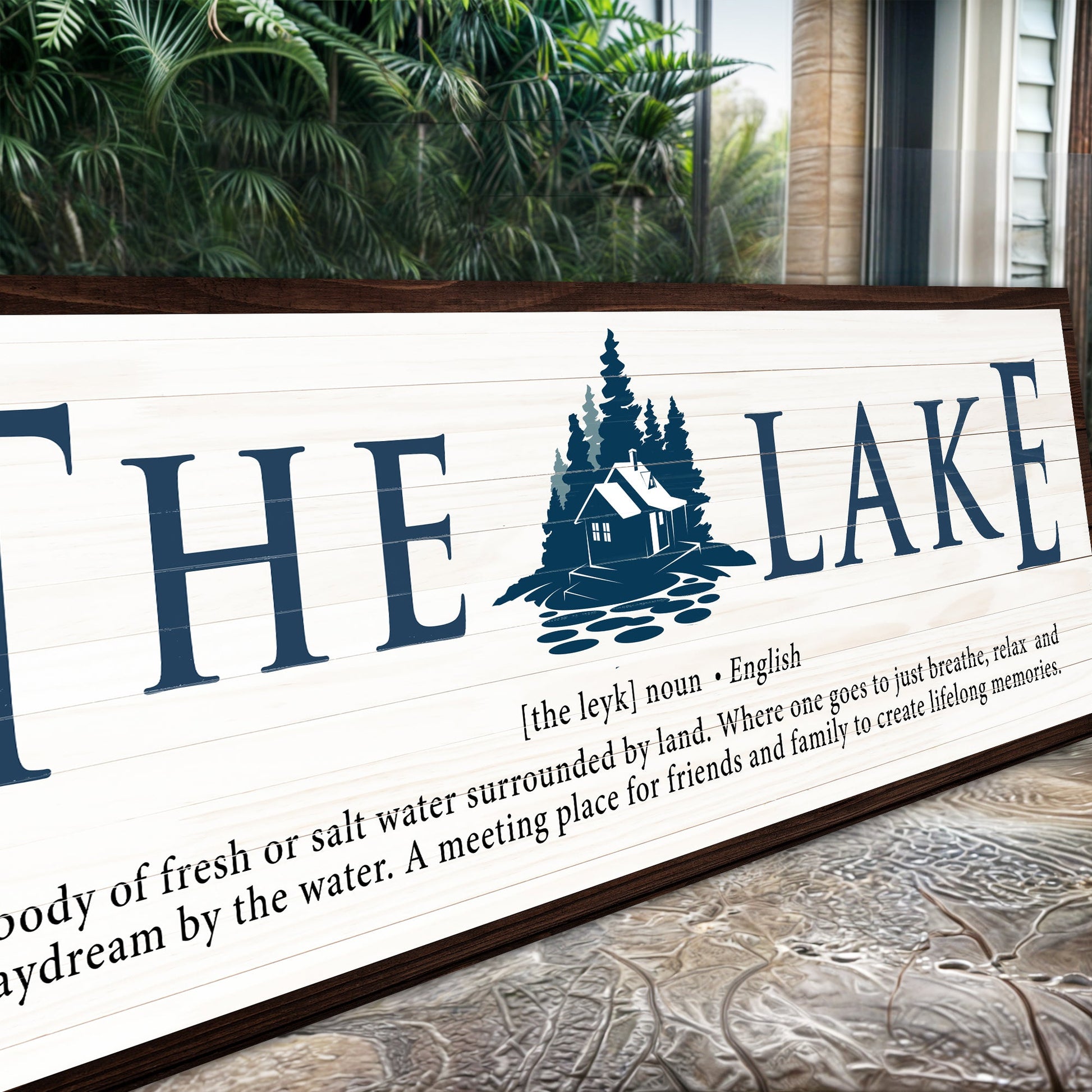 The Definition of Lake II canvas by Tailored Canvases with navy typography and pine silhouette on Tampa Home & Garden Store