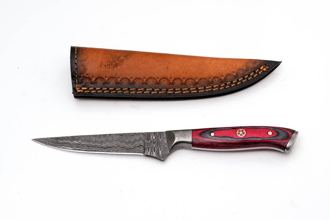 Damascus skinning knife with red pakkawood handle and mosaic pin by Titan International K on Tampa Home & Garden Store