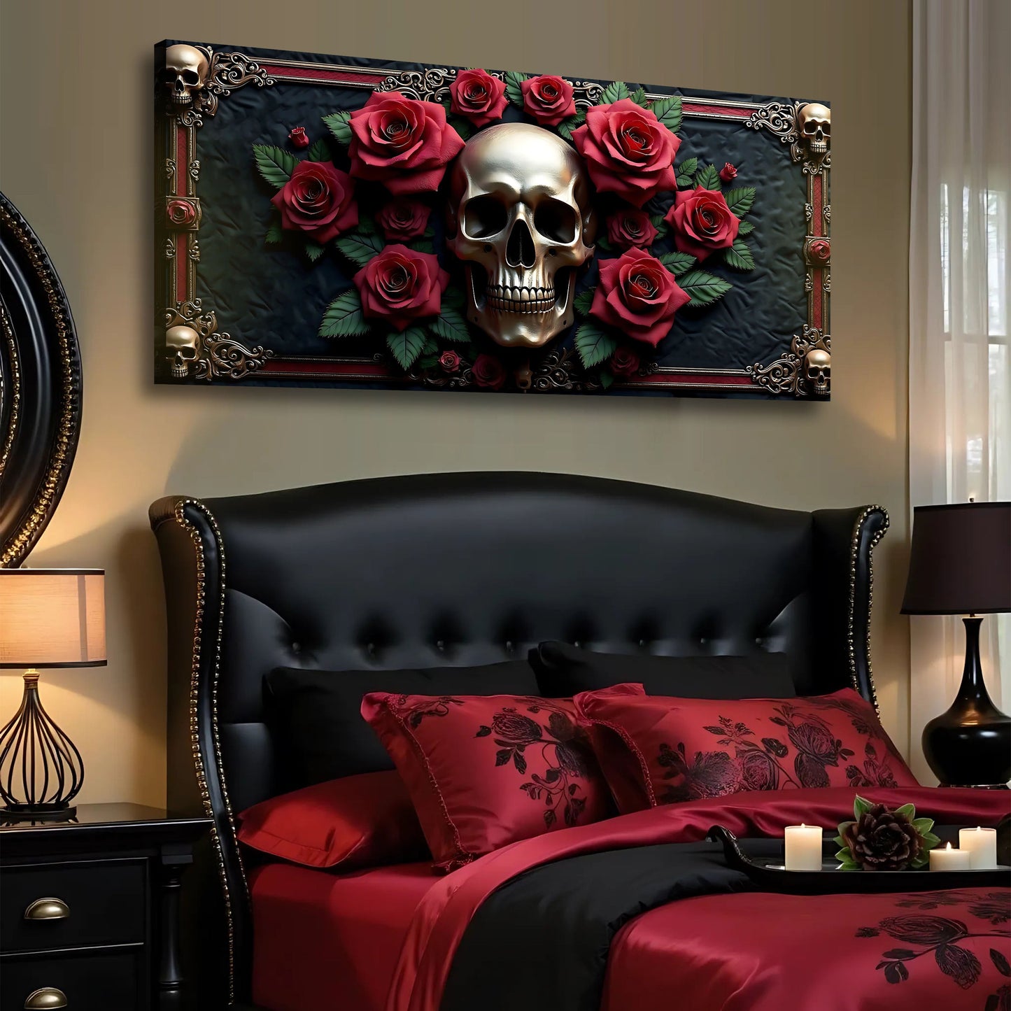 3D Vintage Skull Wall Art III canvas with red roses and ornate gold frame on Tampa Home & Garden Store