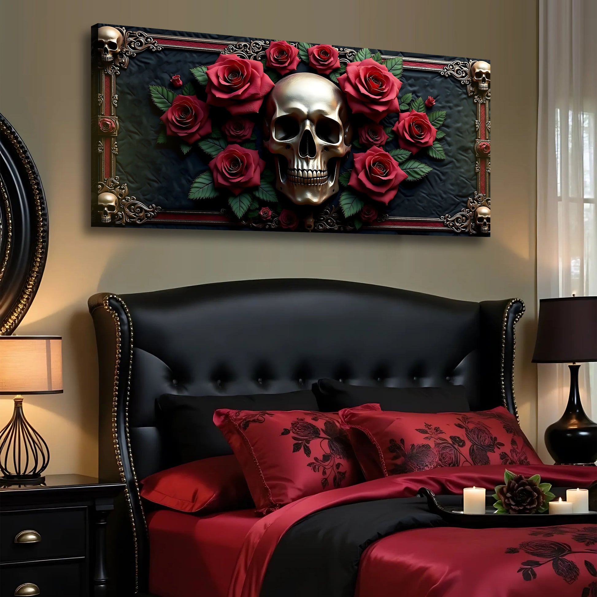 3D Vintage Skull Wall Art III canvas with red roses and ornate gold frame on Tampa Home & Garden Store