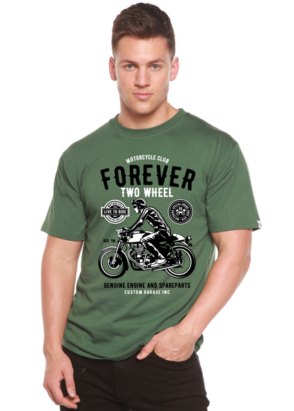 Men's green bamboo viscose tee with motorcycle print Forever Two Wheel by Spun Bamboo on Tampa Home & Garden Store
