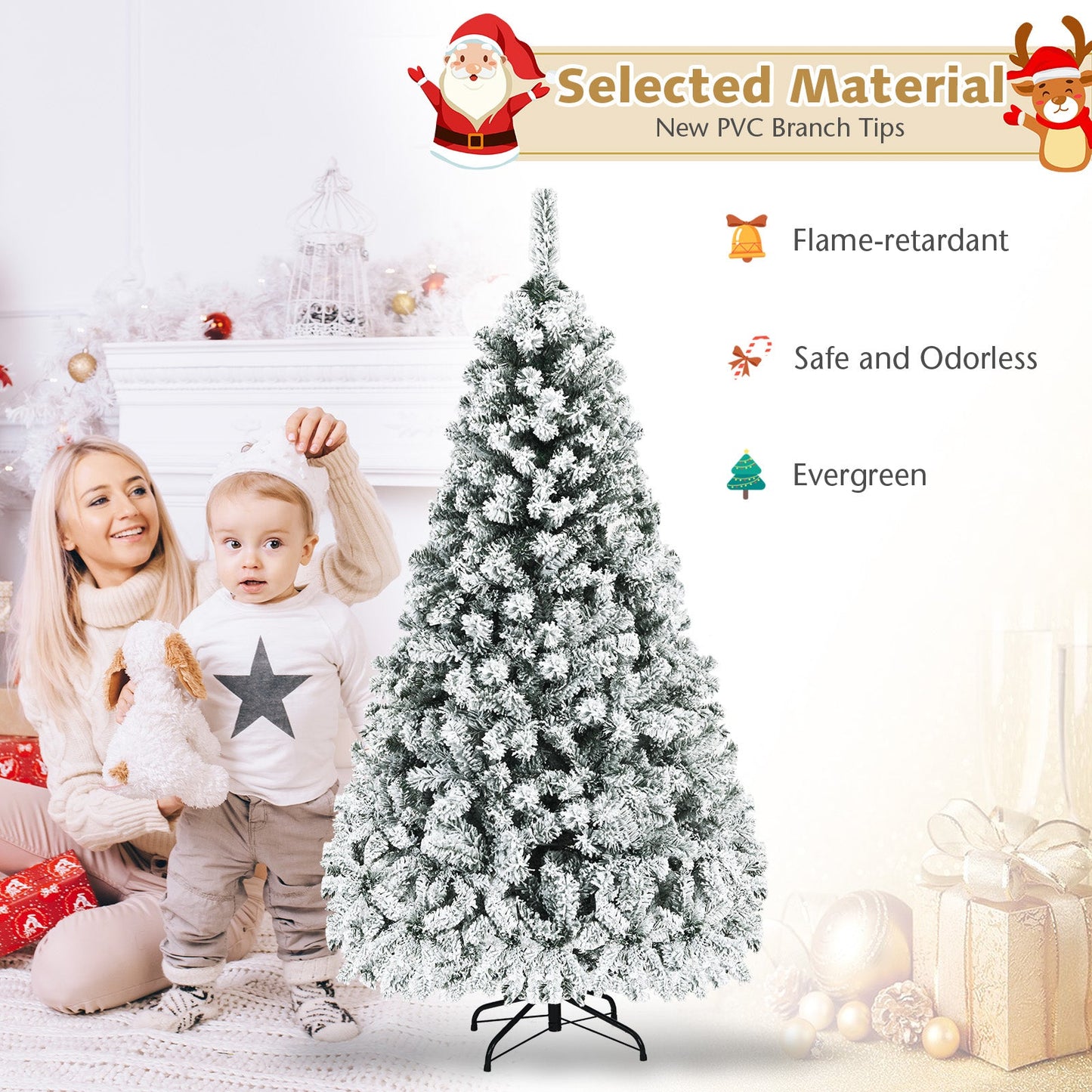 Árbol de Navidad artificial de bisagras con nieve, preiluminado, de primera calidad - 1,83 m