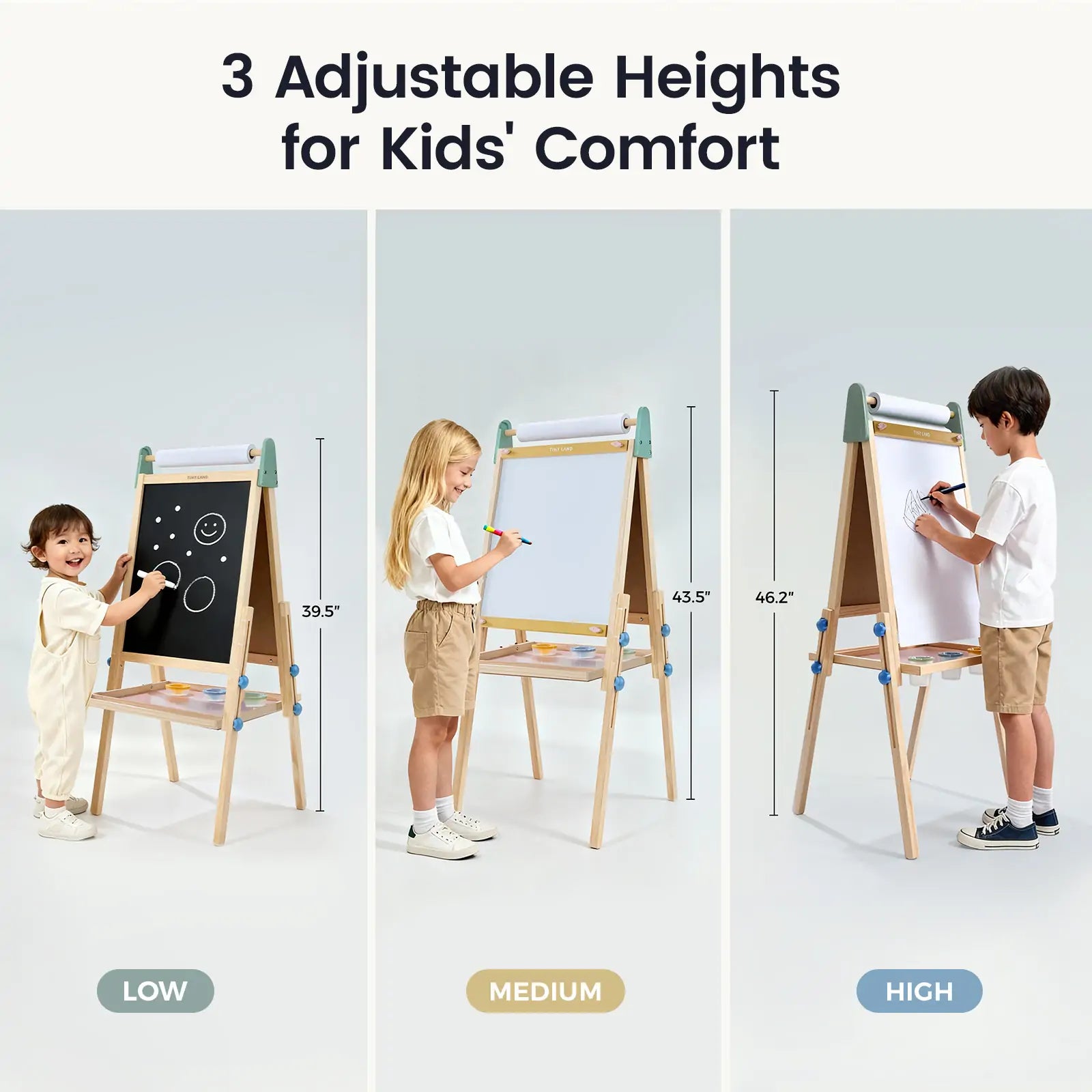 Tiny Land INC 3-in-1 Kids Easel with chalkboard/whiteboard, wooden frame, adjustable heights on Tampa Home & Garden Store