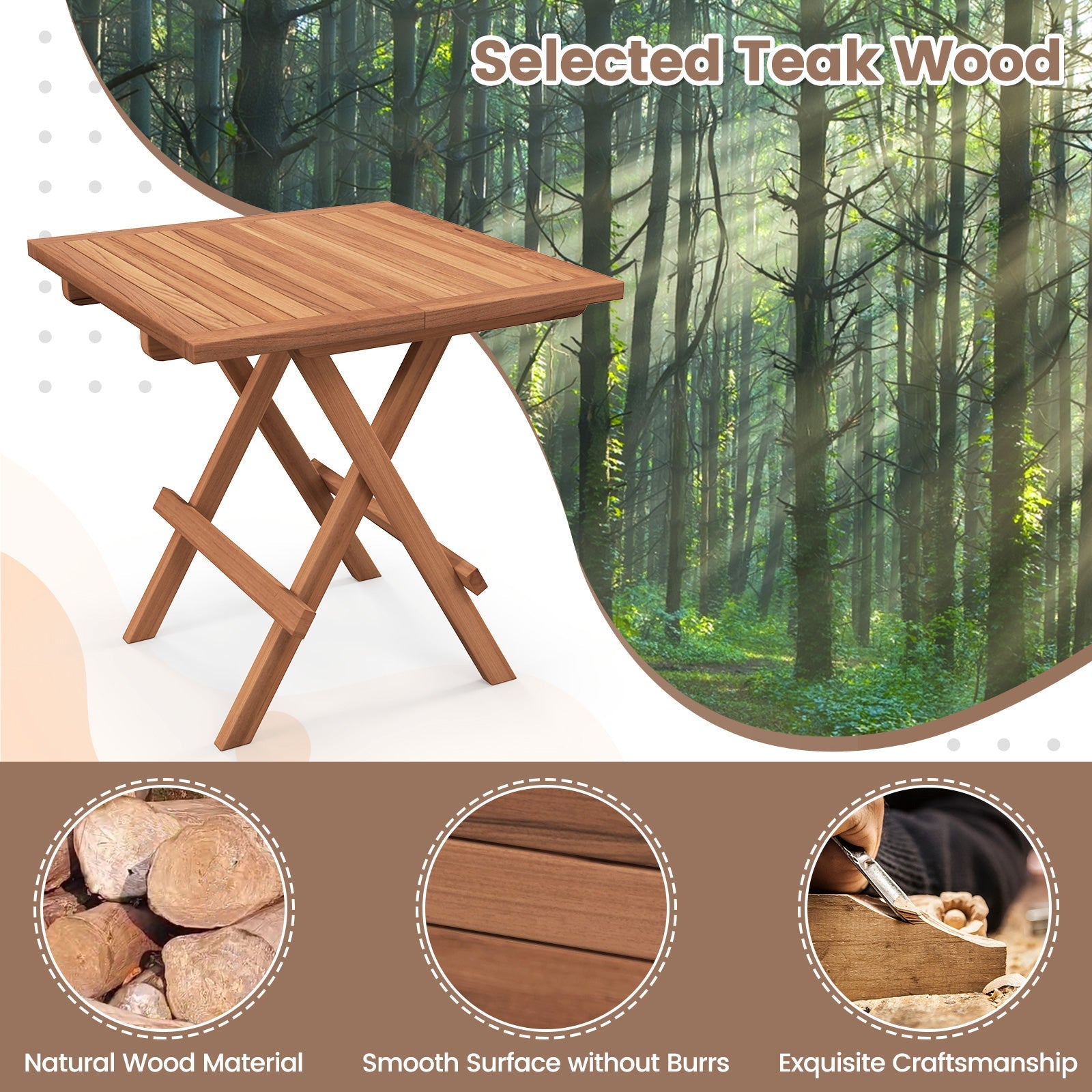 Square patio folding table in Indonesia teak with slatted top and legs for portable dining on Tampa Home & Garden Store