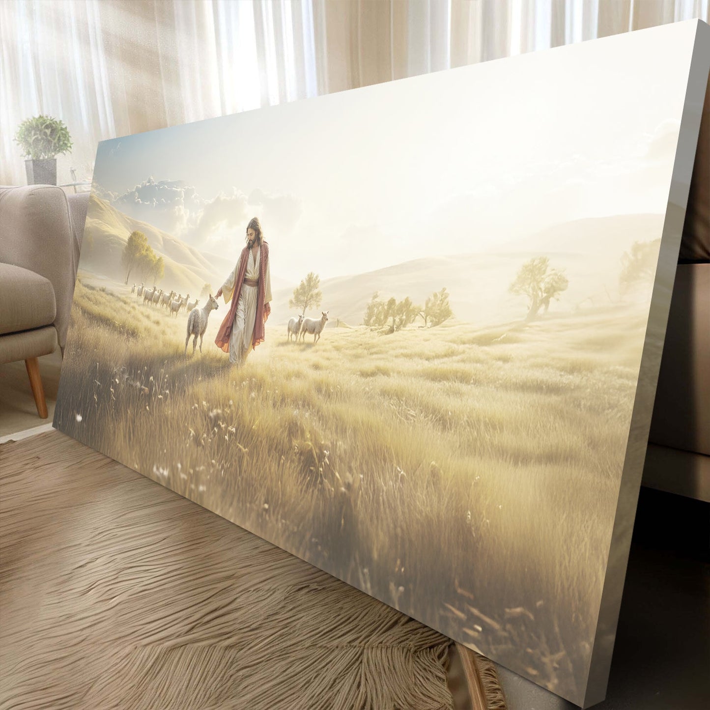99 Faith Wall Art V canvas by Tailored Canvases with robed figure and sheep in sunlit field on Tampa Home & Garden Store