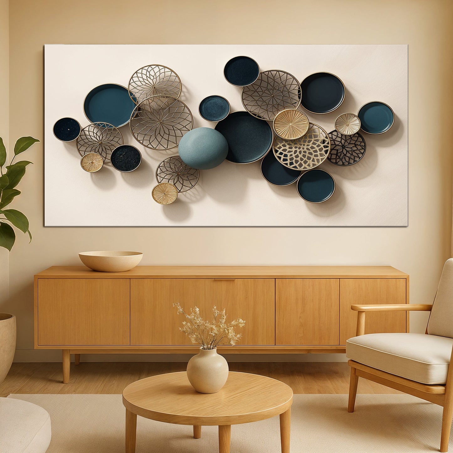 Lotus Leaf Abstract Wall Art canvas with teal and navy circles and gold lattice frames on Tampa Home & Garden Store