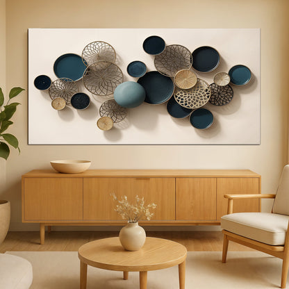 Lotus Leaf Abstract Wall Art canvas with teal and navy circles and gold lattice frames on Tampa Home & Garden Store