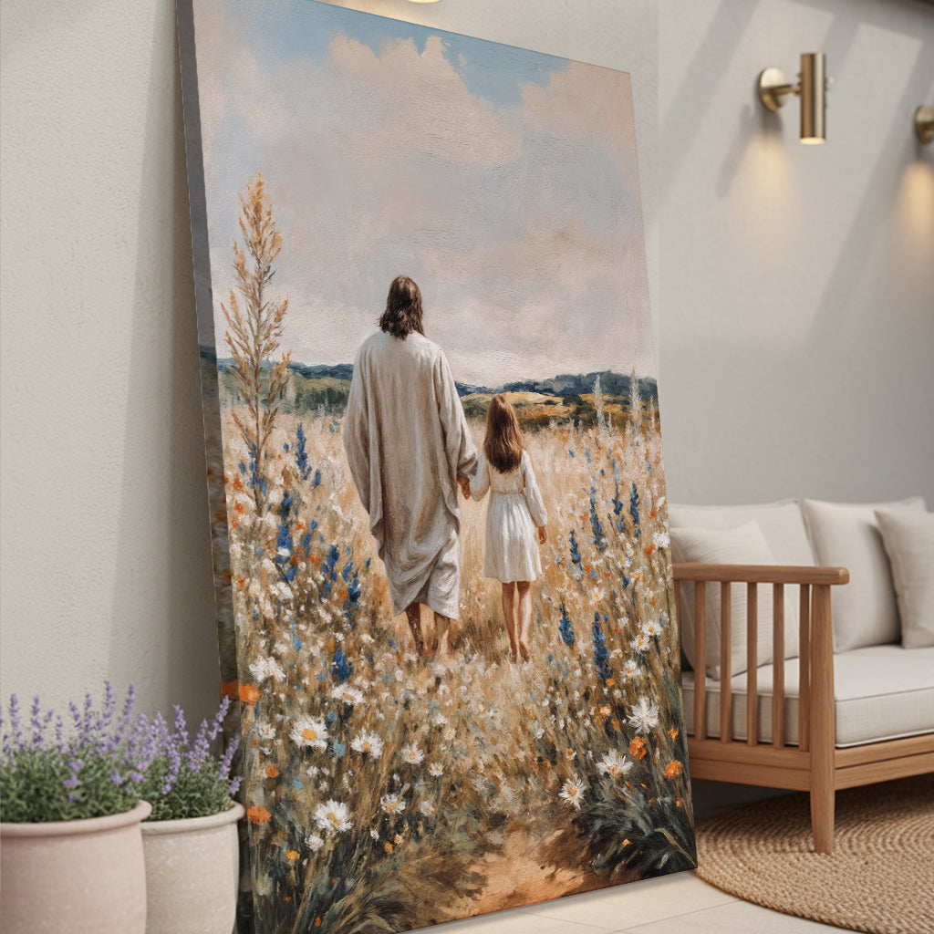 Steps of Faith canvas by Tailored Canvases, man and girl walk through a wildflower meadow on Tampa Home & Garden Store