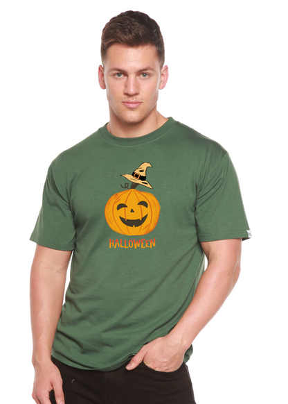 Green unisex Halloween pumpkin graphic T-shirt in bamboo viscose/organic cotton with hat on Tampa Home & Garden Store