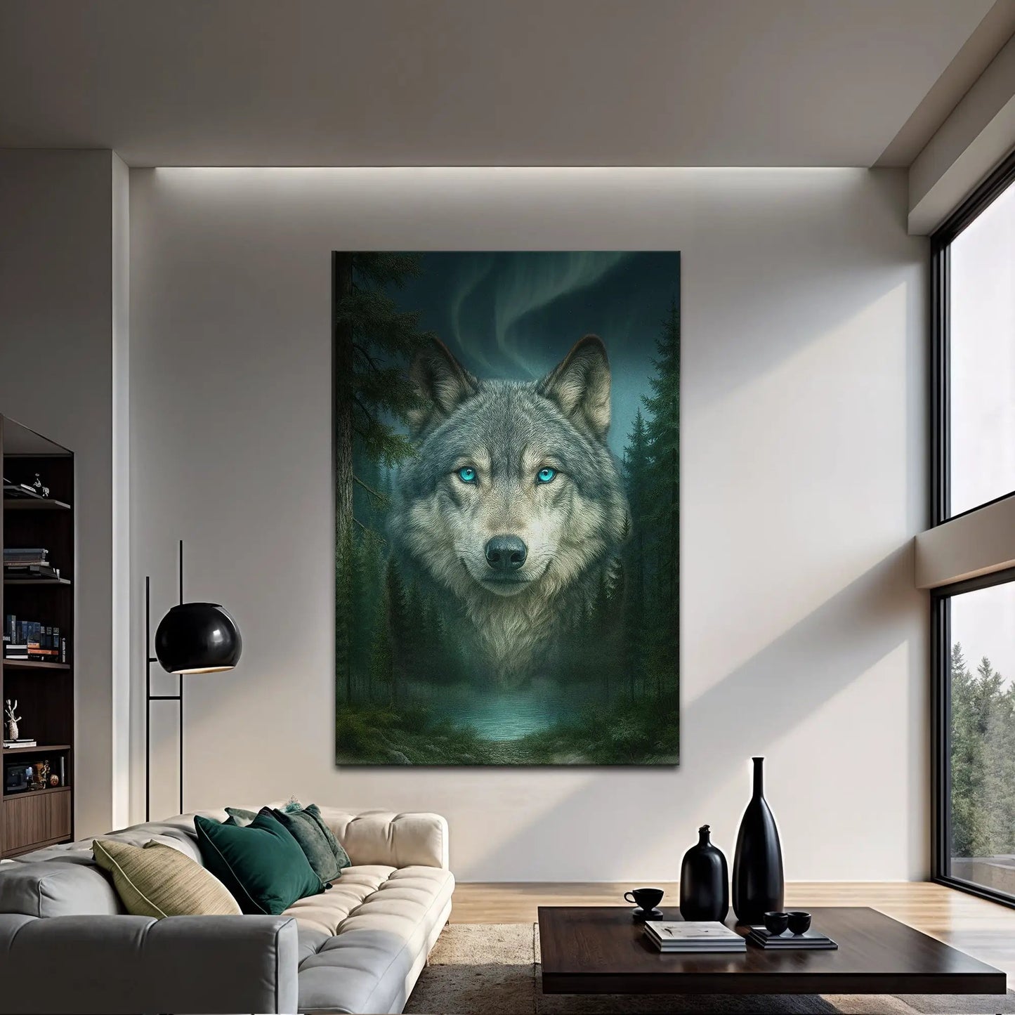 Wolf Northern Symphony wall art canvas, vertical wolf portrait with blue eyes in living room on Tampa Home & Garden Store