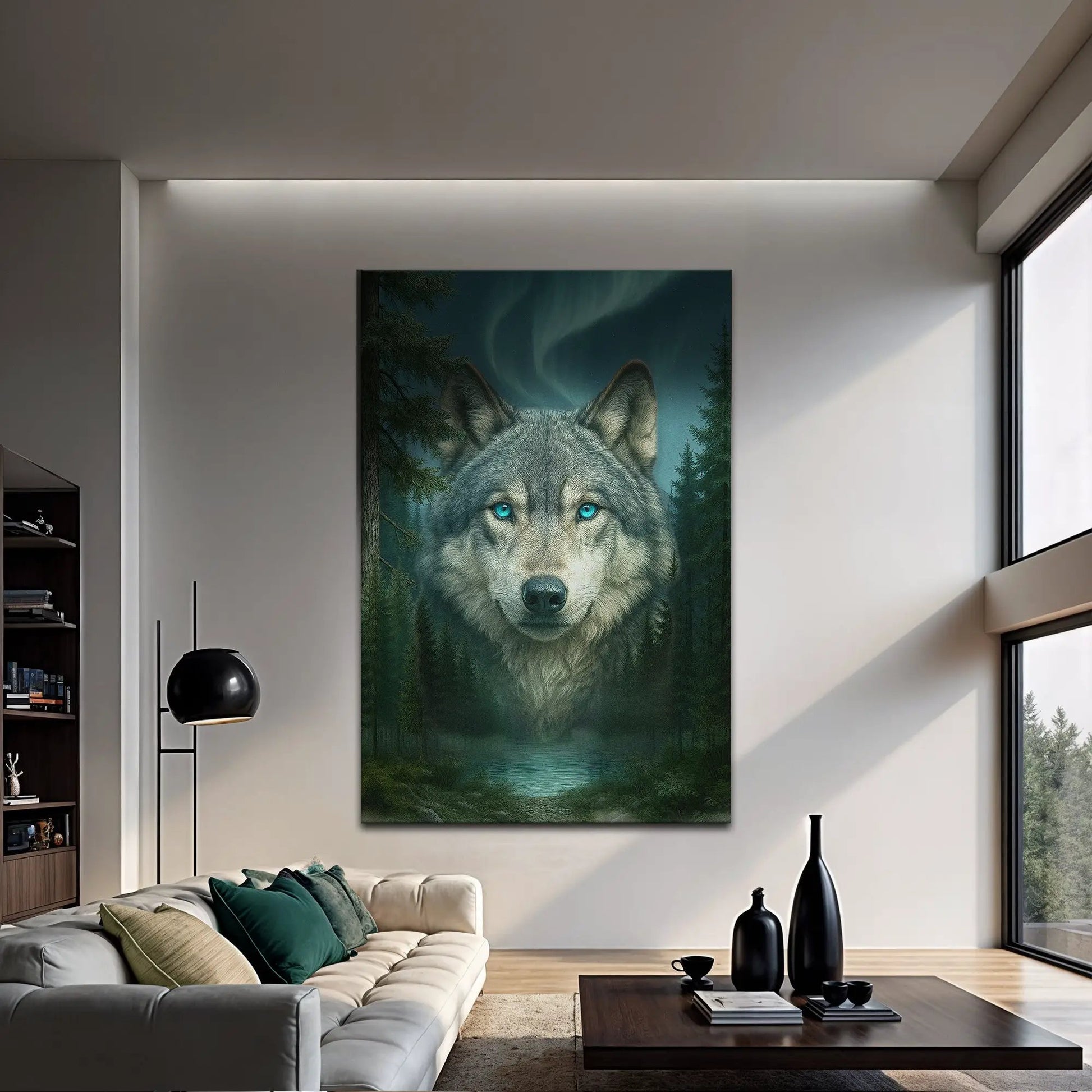 Wolf Northern Symphony wall art canvas, vertical wolf portrait with blue eyes in living room on Tampa Home & Garden Store