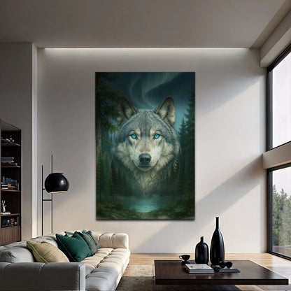 Wolf Northern Symphony wall art canvas, vertical wolf portrait with blue eyes in living room on Tampa Home & Garden Store
