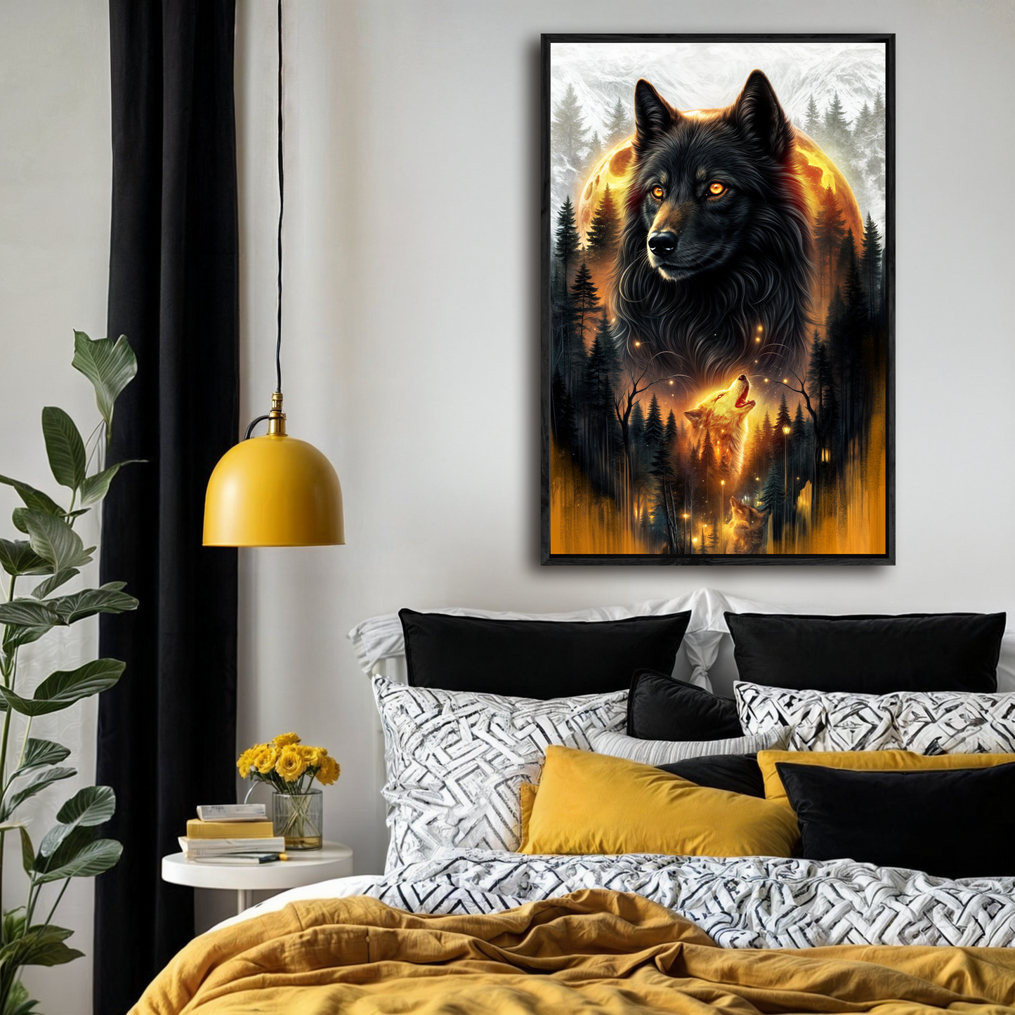 Eclipse of the Alpha Wolf canvas by Tailored Canvases, black wolf with moon and forest on Tampa Home & Garden Store