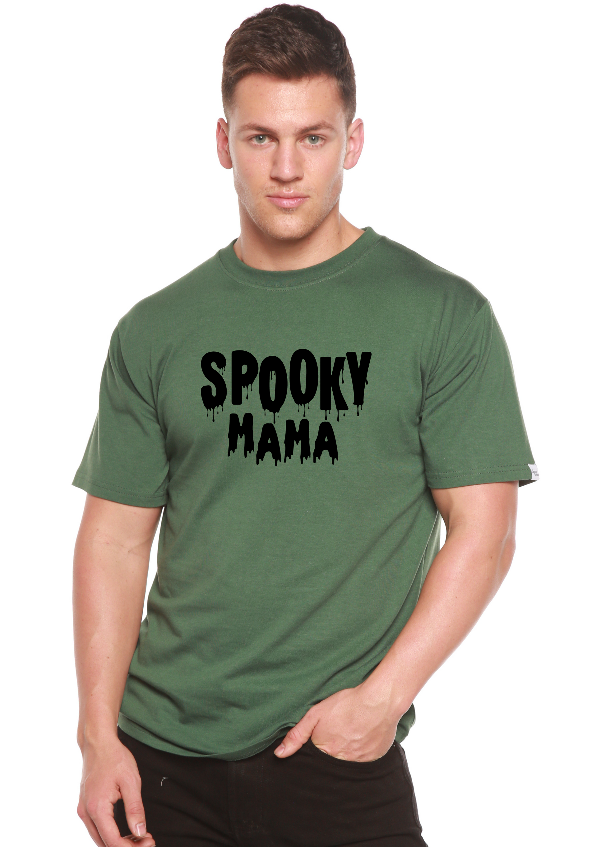 Spooky Mama men's bamboo viscose/organic cotton tee olive with dripping black print on Tampa Home & Garden Store