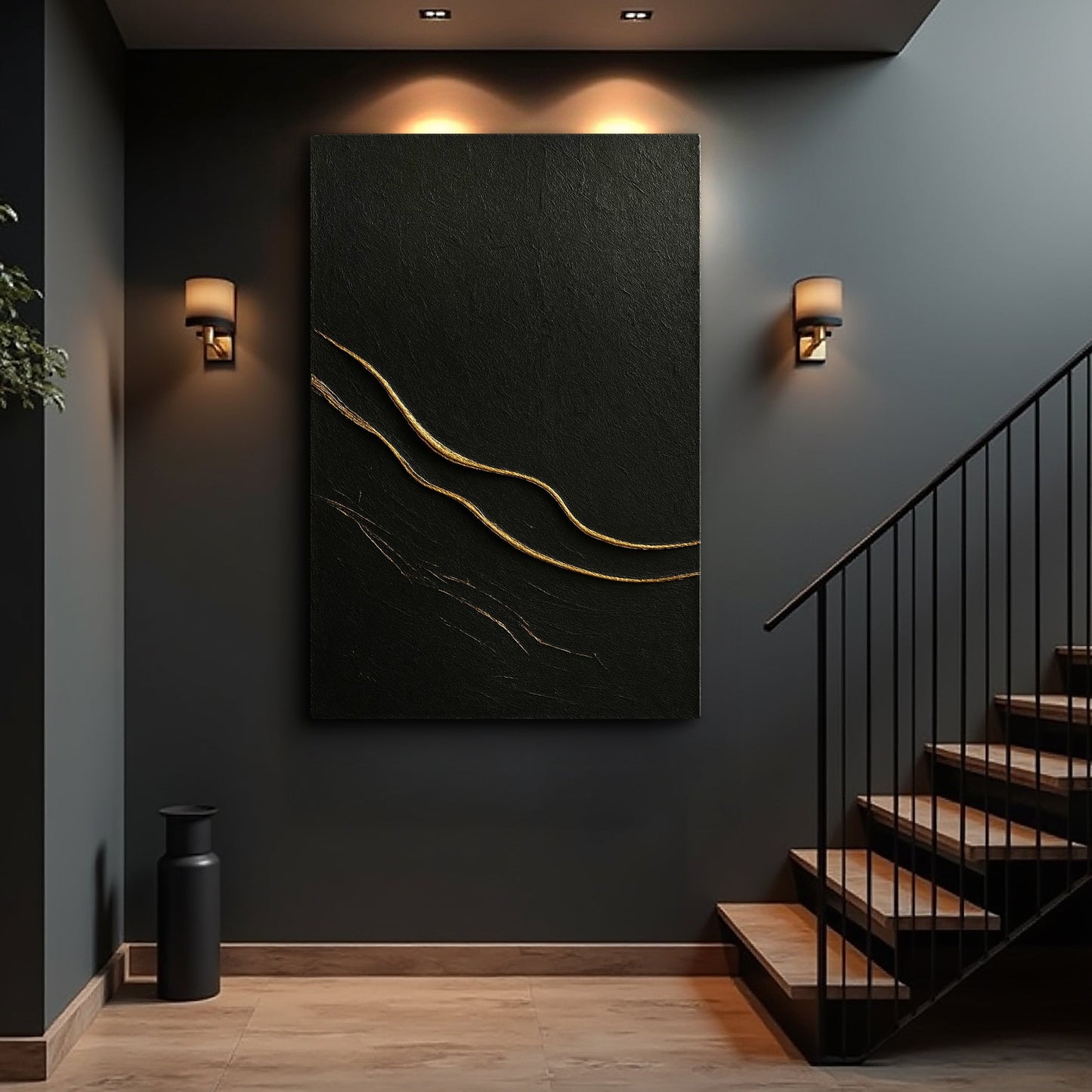 Modern Abstract Minimalist Wall Art VIII canvas by Tailored Canvases, black with gold lines on Tampa Home & Garden Store