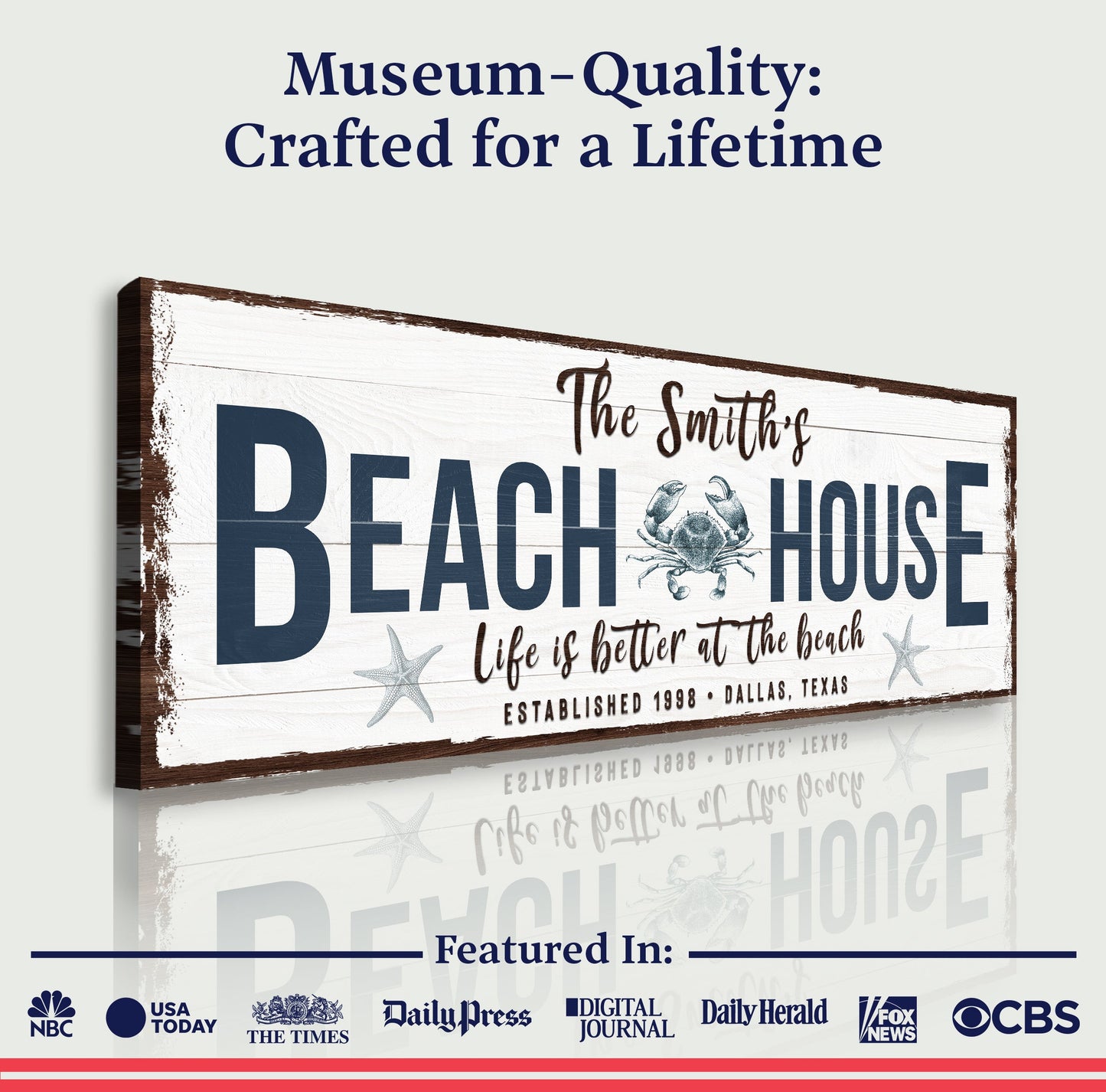 Personalized Beach House Sign canvas with whitewashed wood and navy text on Tampa Home & Garden Store