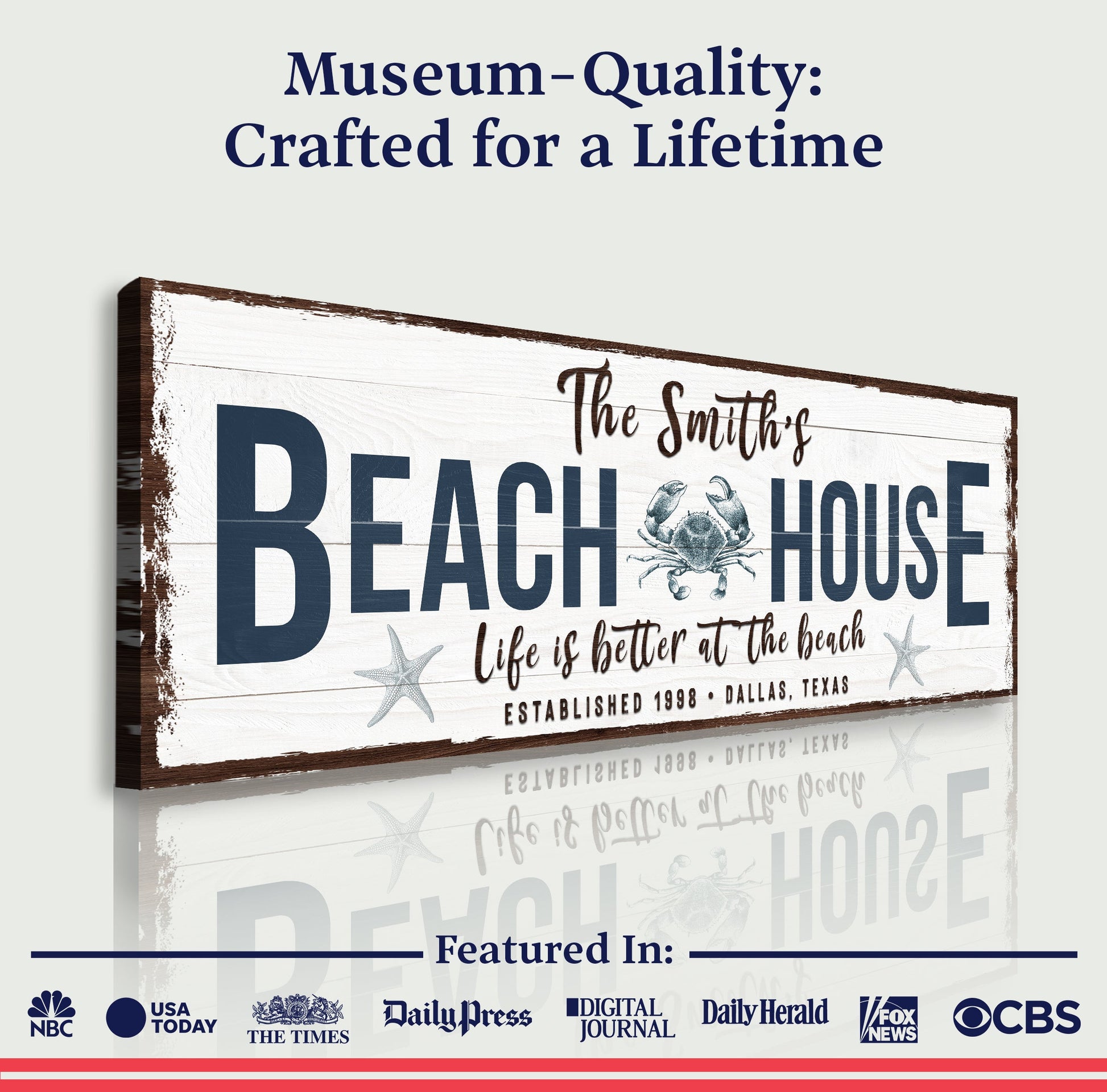 Personalized Beach House Sign canvas with whitewashed wood and navy text on Tampa Home & Garden Store