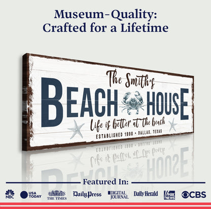 Personalized Beach House Sign canvas with whitewashed wood and navy text on Tampa Home & Garden Store