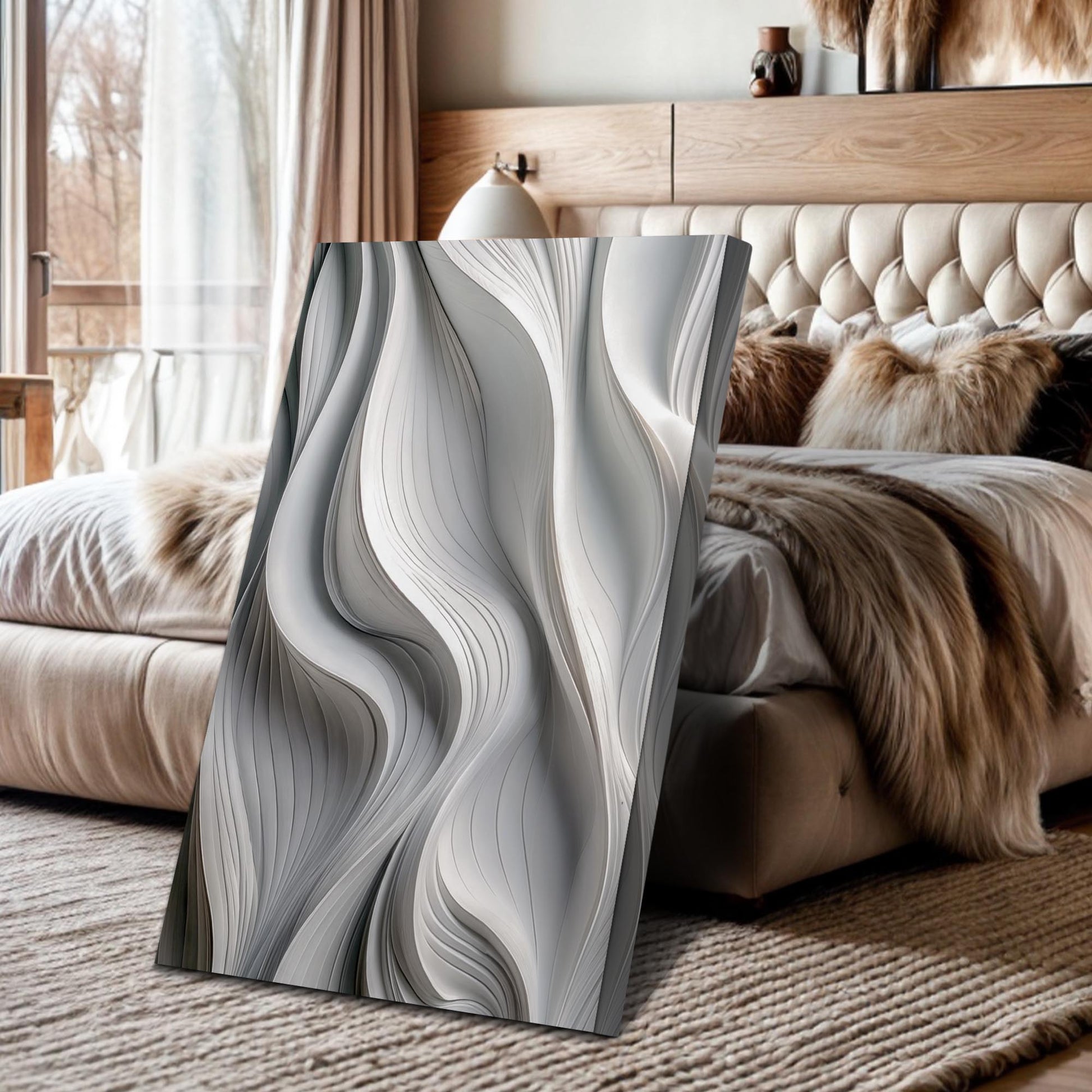 Modern Monochrome Waves abstract wall art canvas in grayscale by Tailored Canvases in a bedroom on Tampa Home & Garden Store