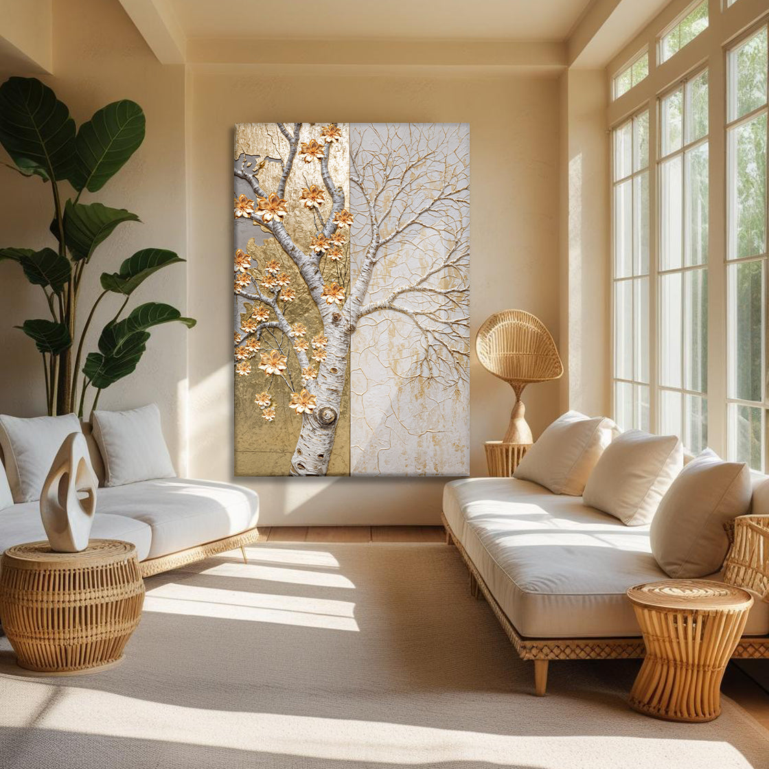 Ivory Seasons Wall Art canvas triptych with blossoming and bare tree branches on Tampa Home & Garden Store