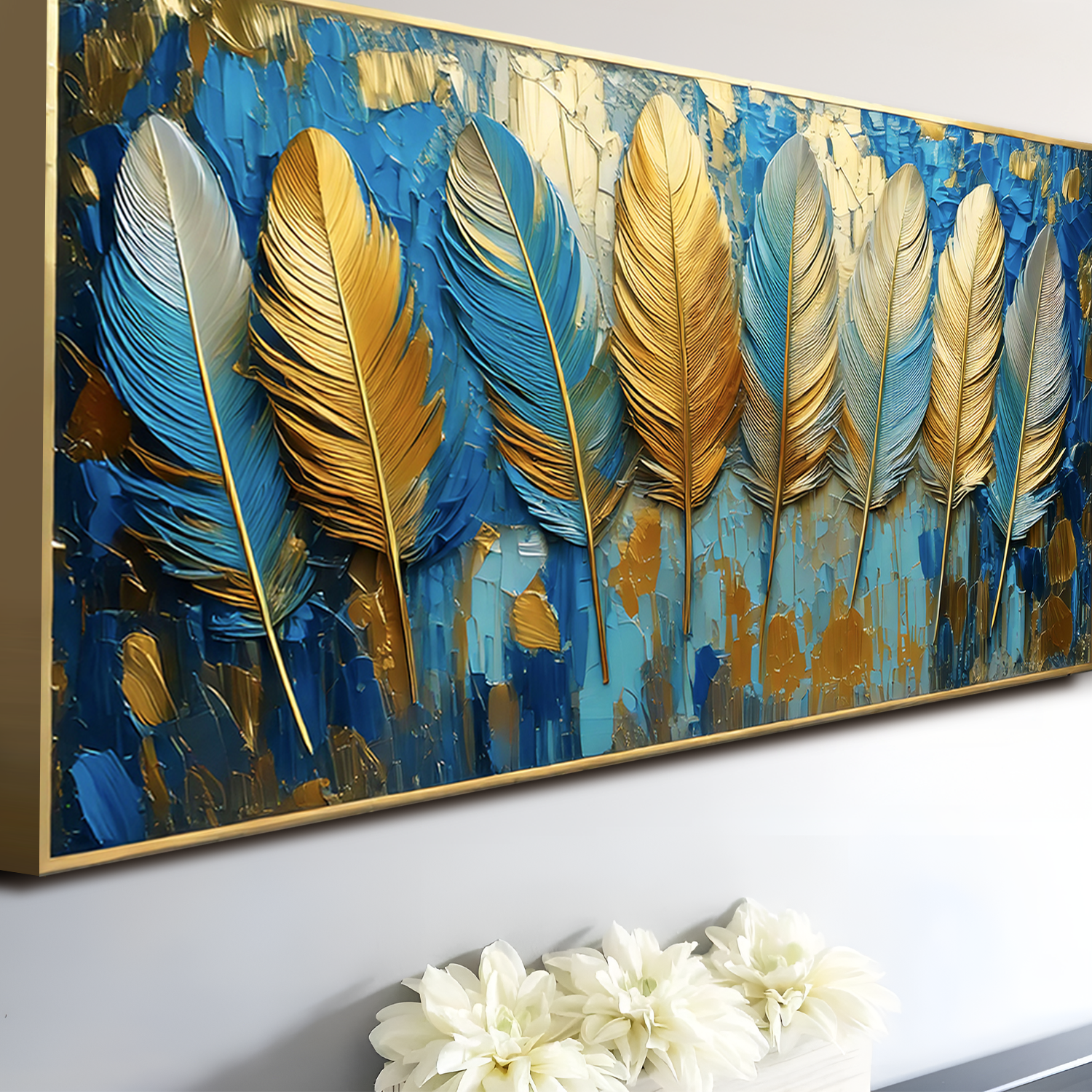 Confetti Sky Wall Art canvas by Tailored Canvases; blue gold feather motif on canvas on Tampa Home & Garden Store