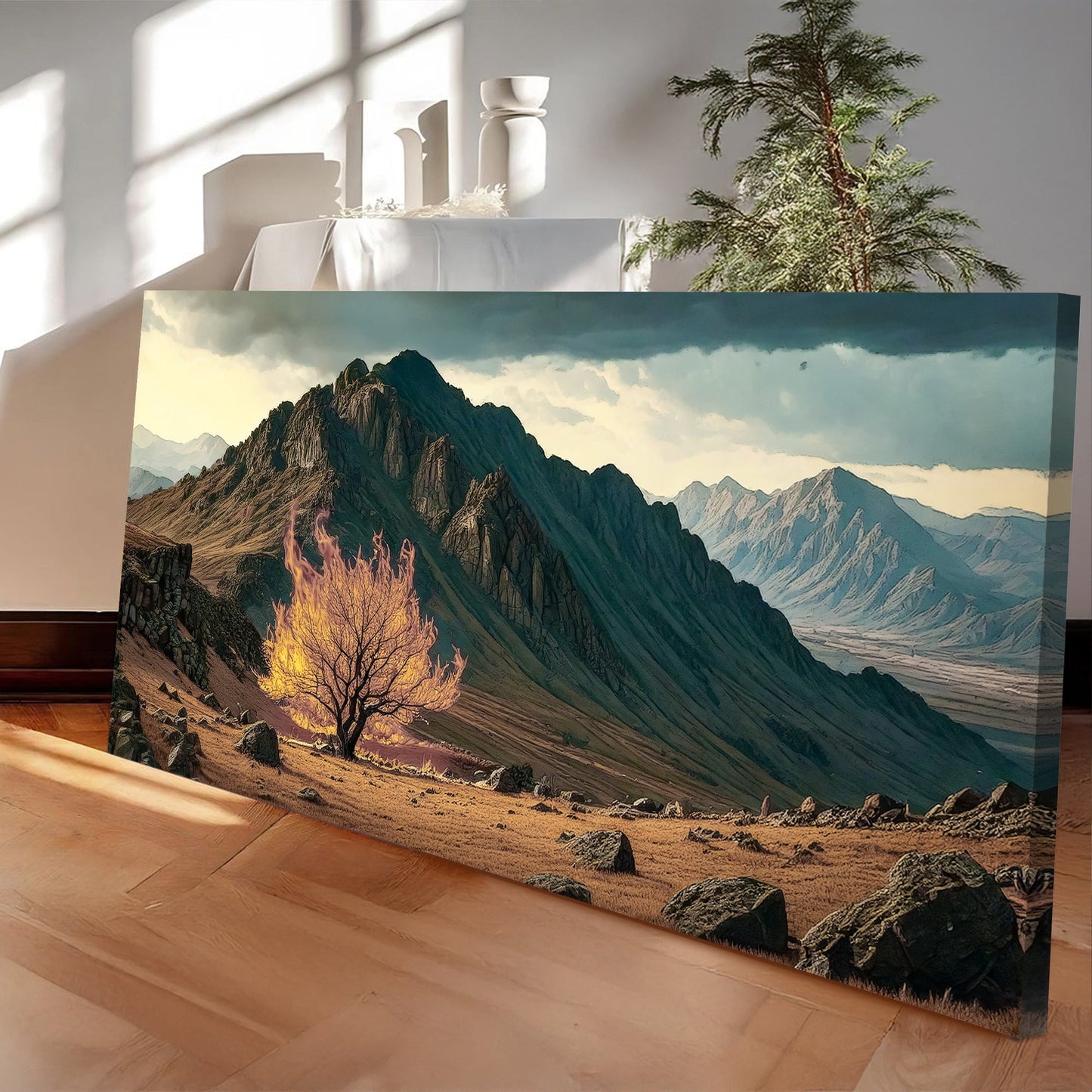 Burning Bush Faith Wall Art VI canvas with mountain landscape and fiery foreground on Tampa Home & Garden Store