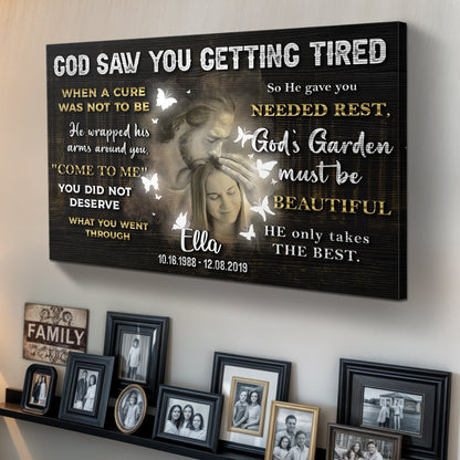 Personalized God Saw You Getting Tired Memorial Sign IV canvas with black woodgrain, white and gold text, butterflies on Tampa Home & Garden Store