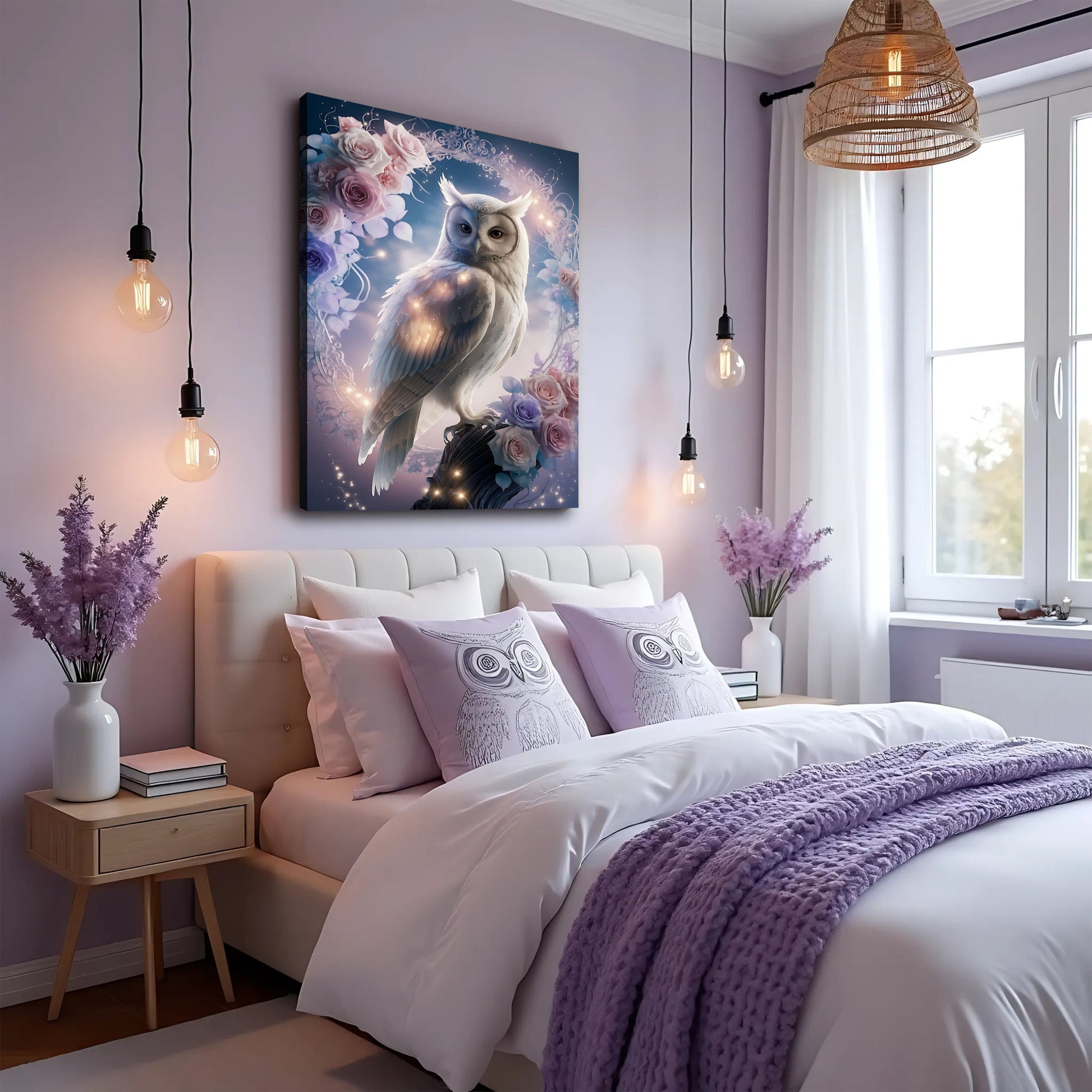 3D Owl Wall Art canvas by Tailored Canvases, white owl amid pink roses on lavender wall on Tampa Home & Garden Store