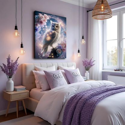 3D Owl Wall Art canvas by Tailored Canvases, white owl amid pink roses on lavender wall on Tampa Home & Garden Store