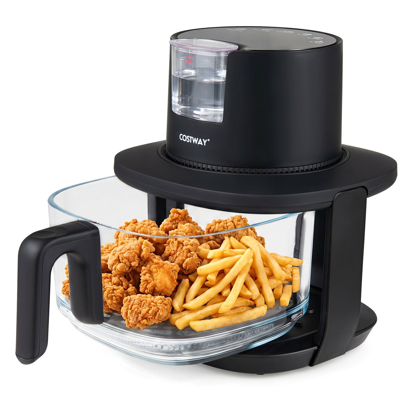 4.7 qt Glass Air Fryer with Steam Frying Mode, black, Costway logo, fried chicken and fries on Tampa Home & Garden Store