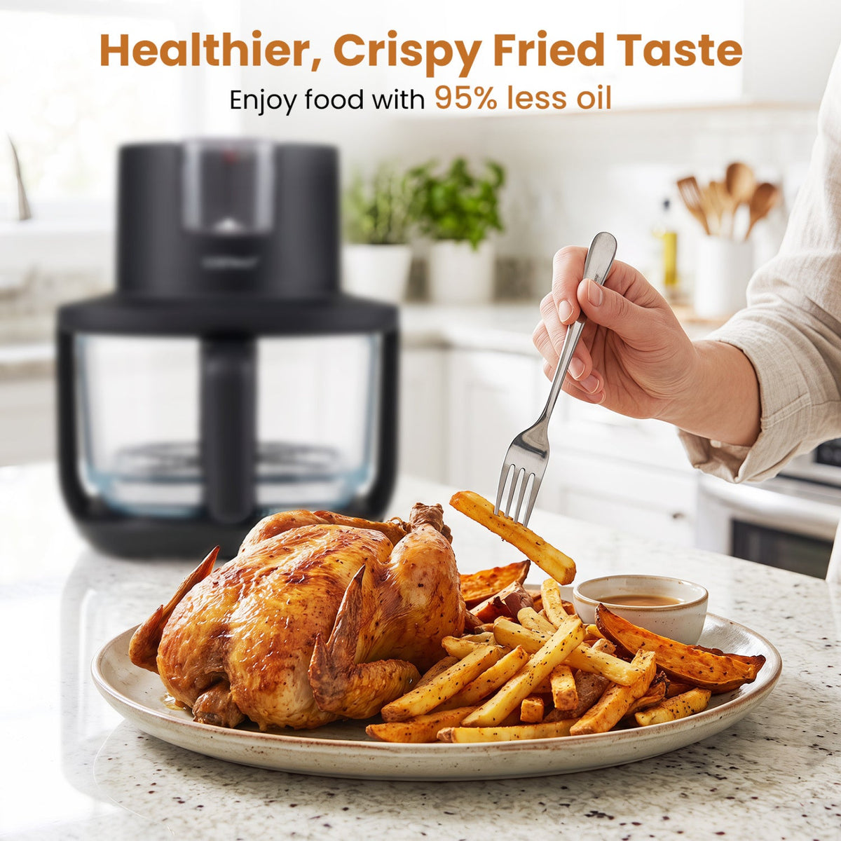 DirectDeals 4.7 Qt glass air fryer with steam mode on a bright kitchen counter; turkey and fries on Tampa Home & Garden Store