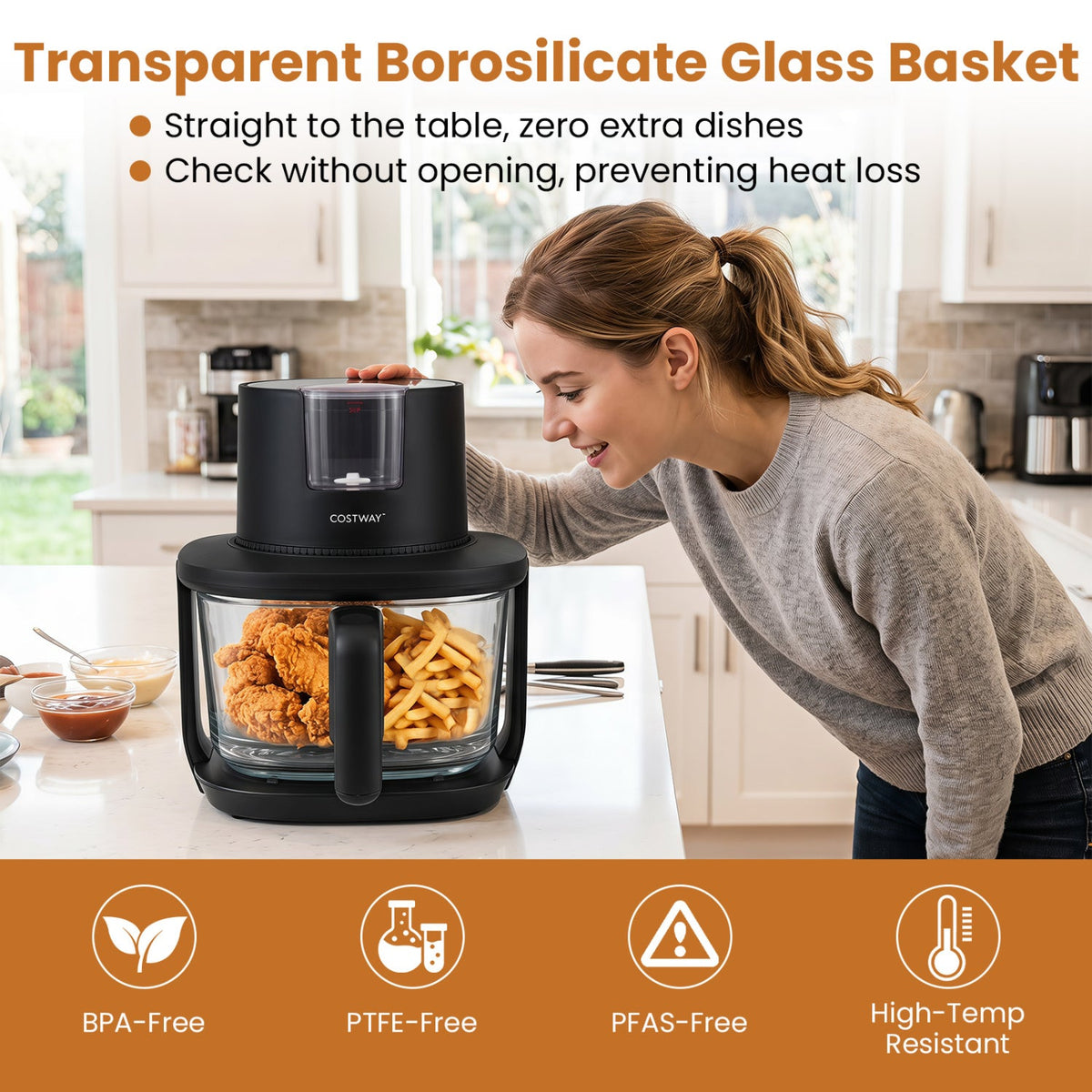 4.7 qt glass air fryer with steam fry mode, black COSTWAY glass basket with chicken and fries on Tampa Home & Garden Store