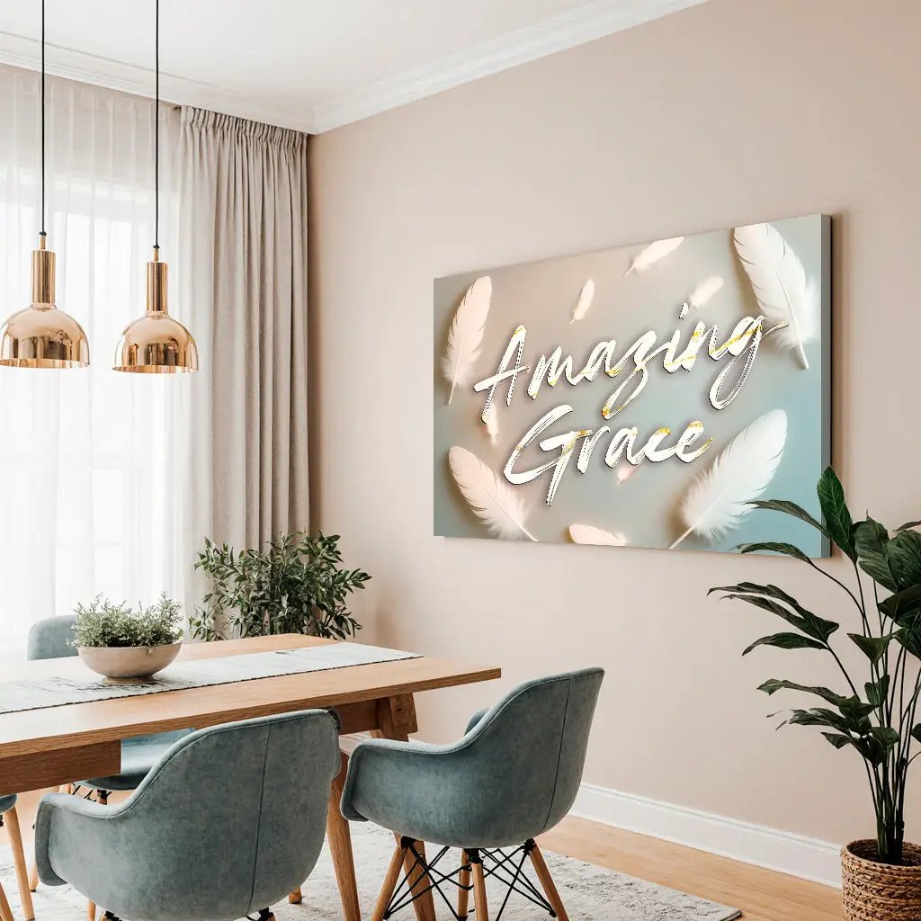 Amazing Grace Faith Wall Sign canvas with feather motif and cursive script on Tampa Home & Garden Store