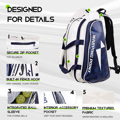 Pro Team Pickleball Bag by Warping Point, white & navy with built-in fence hook and zip pocket on Tampa Home & Garden Store