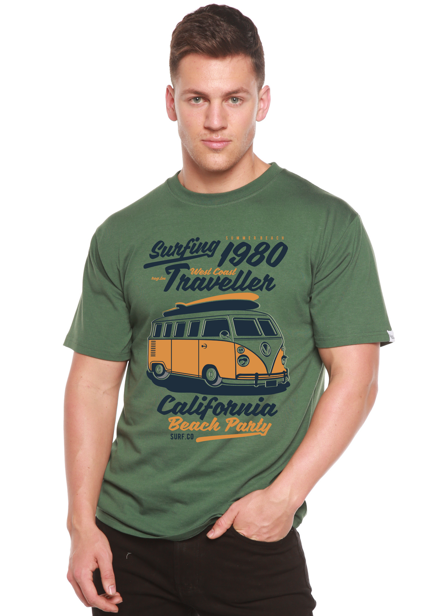 Spun Bamboo green men's printed short sleeve T-shirt with vintage VW bus surfing graphic on Tampa Home & Garden Store