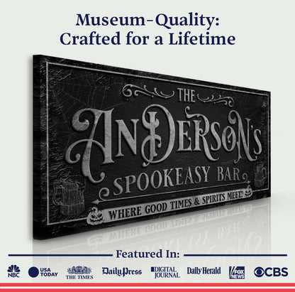 Personalized Spookeasy Bar Sign canvas by Tailored Canvases with a black textured panel on Tampa Home & Garden Store