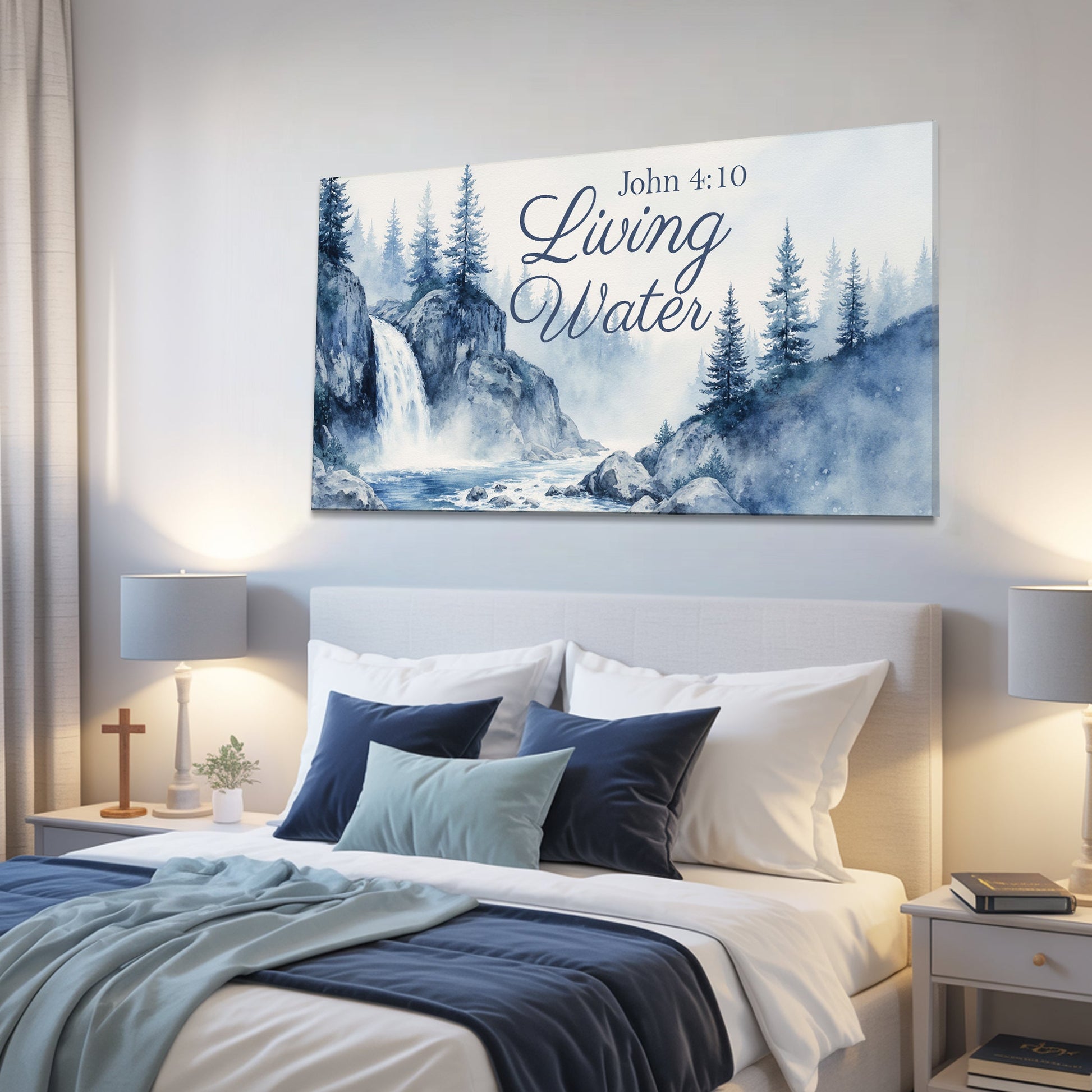 Living Water Faith Sign II canvas with John 4:10 script over blue forest landscape on Tampa Home & Garden Store