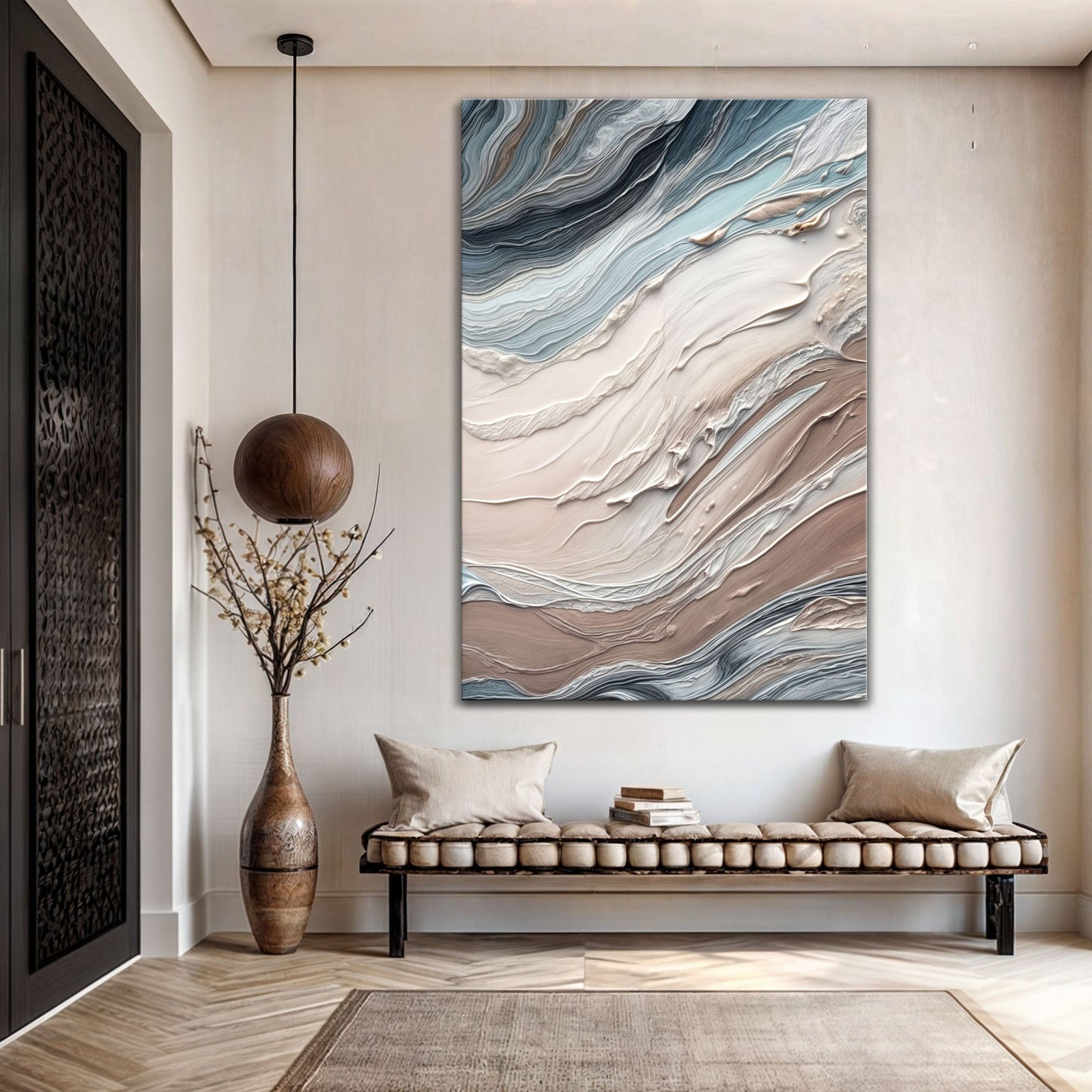 Earth Tone Swirls Wall Art canvas by Tailored Canvases with textured blue beige brown swirls on Tampa Home & Garden Store